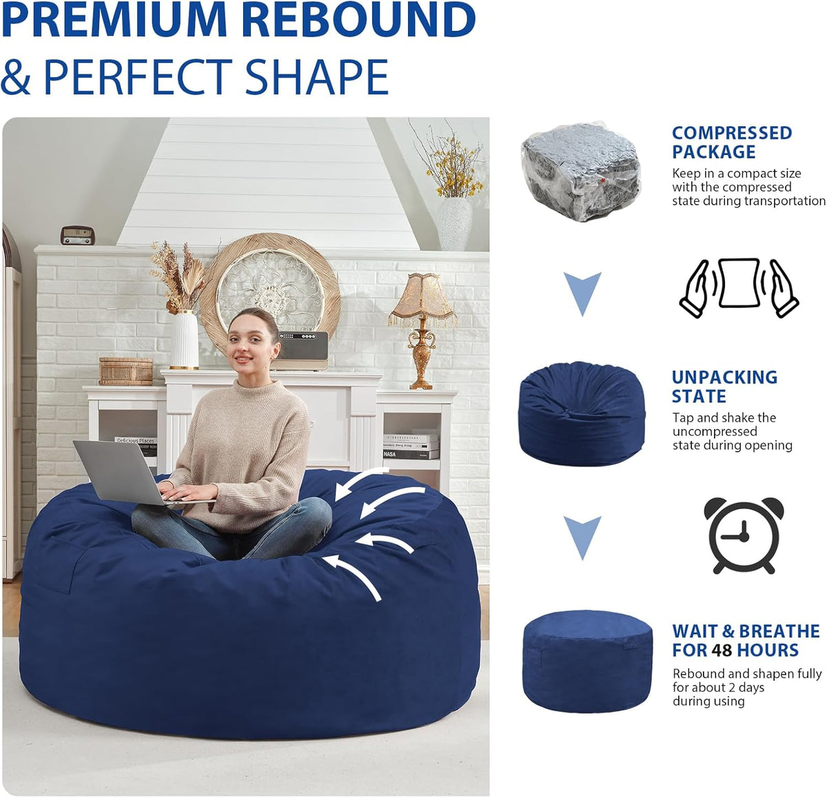 4FT Bean Bag Chair, Large Bean Bag Chairs with Memory Foam Filled, Fluffy Beanbag Sofa with Dutch Velvet Cover, Round BeanBag Chairs for Living Room, Playroom - Blue