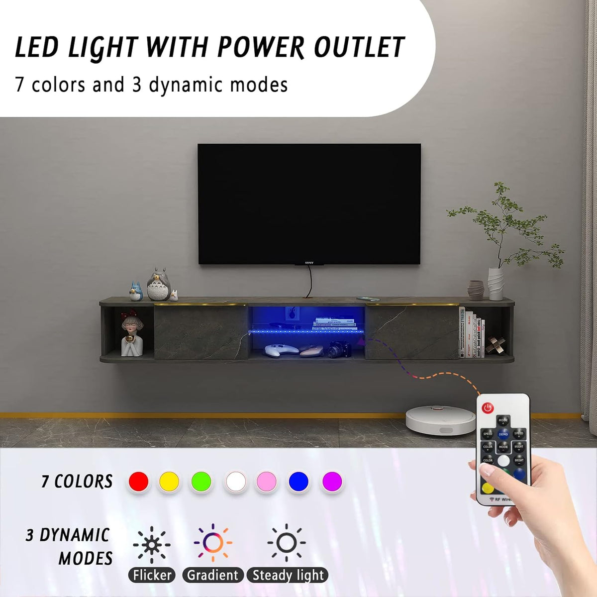 Pmnianhua LED Floating TV Stand with 2 Drawers,63'' Under TV Shelf with LED Lights,Wall Mounted TV Console,Floating TV Shelf with Storage for Bedroom Playroom Living Room(Dark Grey)