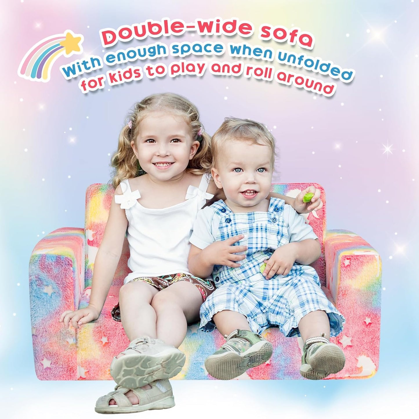 ALIMORDEN Fold Out Toddler Couch, Extra Wide Comfy 2-in-1 Cuddly Sherpa Sofa for Kids, with Removable Baby Friendly Blanket, Convertible Sofa to Bed, Unicorn