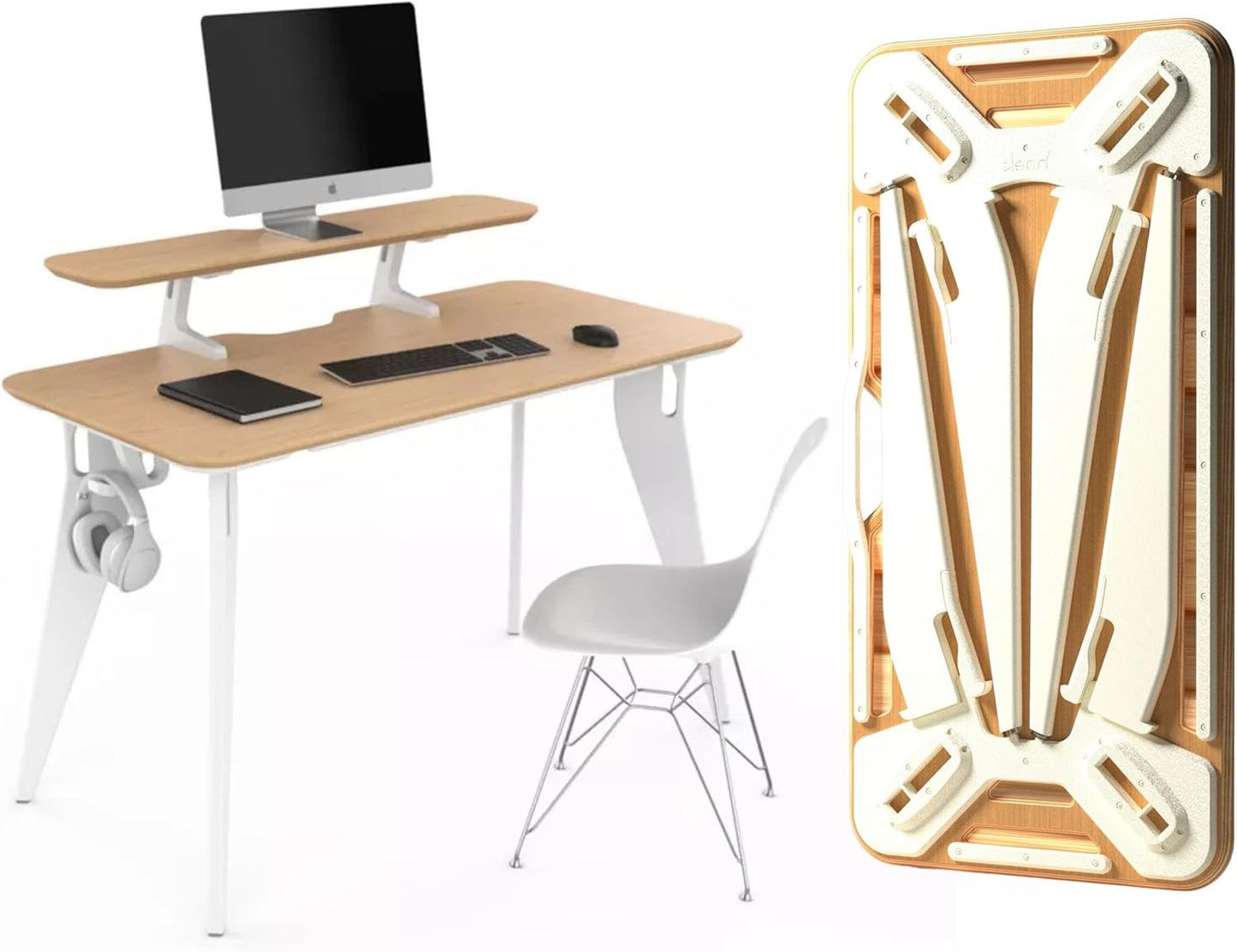 HOEK Collapsible Desk Bundle, 47.5" x 23", Portable Study Desk for Dorm Room, Includes Monitor Shelf, Under Shelf and Wall Storage, Lightweight, Easy No-Tool Assembly (Birch/White)