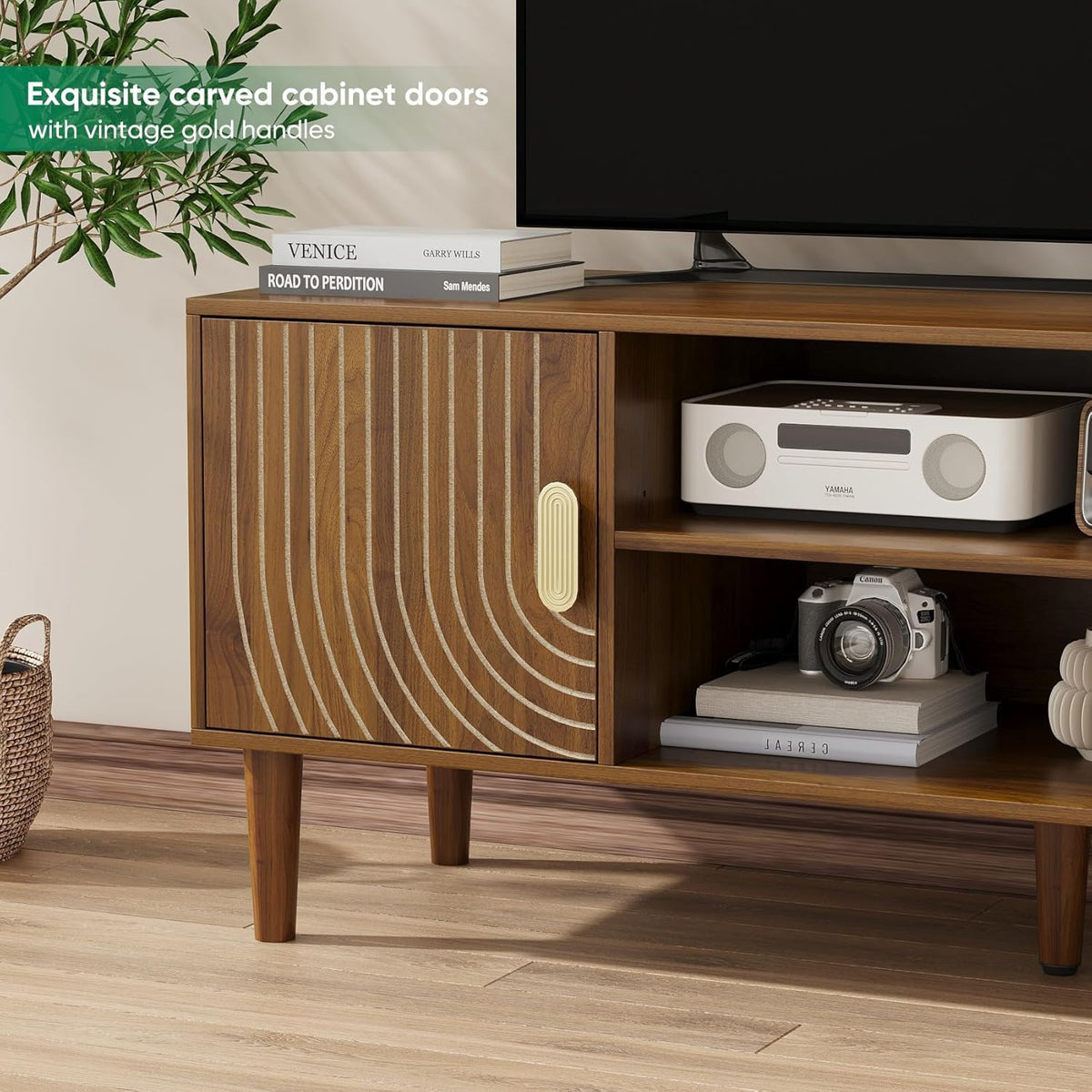 47" TV Stand for TVs up to 55 Inch, Entertainment Center with Storage and Adjustable Shelves, Modern Media Console for Living Room, Walnut
