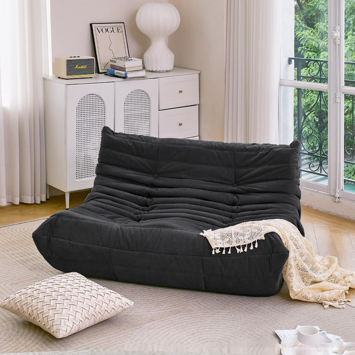 N&V Fireside Mid Century Armless Floor Sofa, Soft Premium Microfiber Lounge Chair, Foam Accent for Living Room Bedroom and Office (Black, Loveseat)