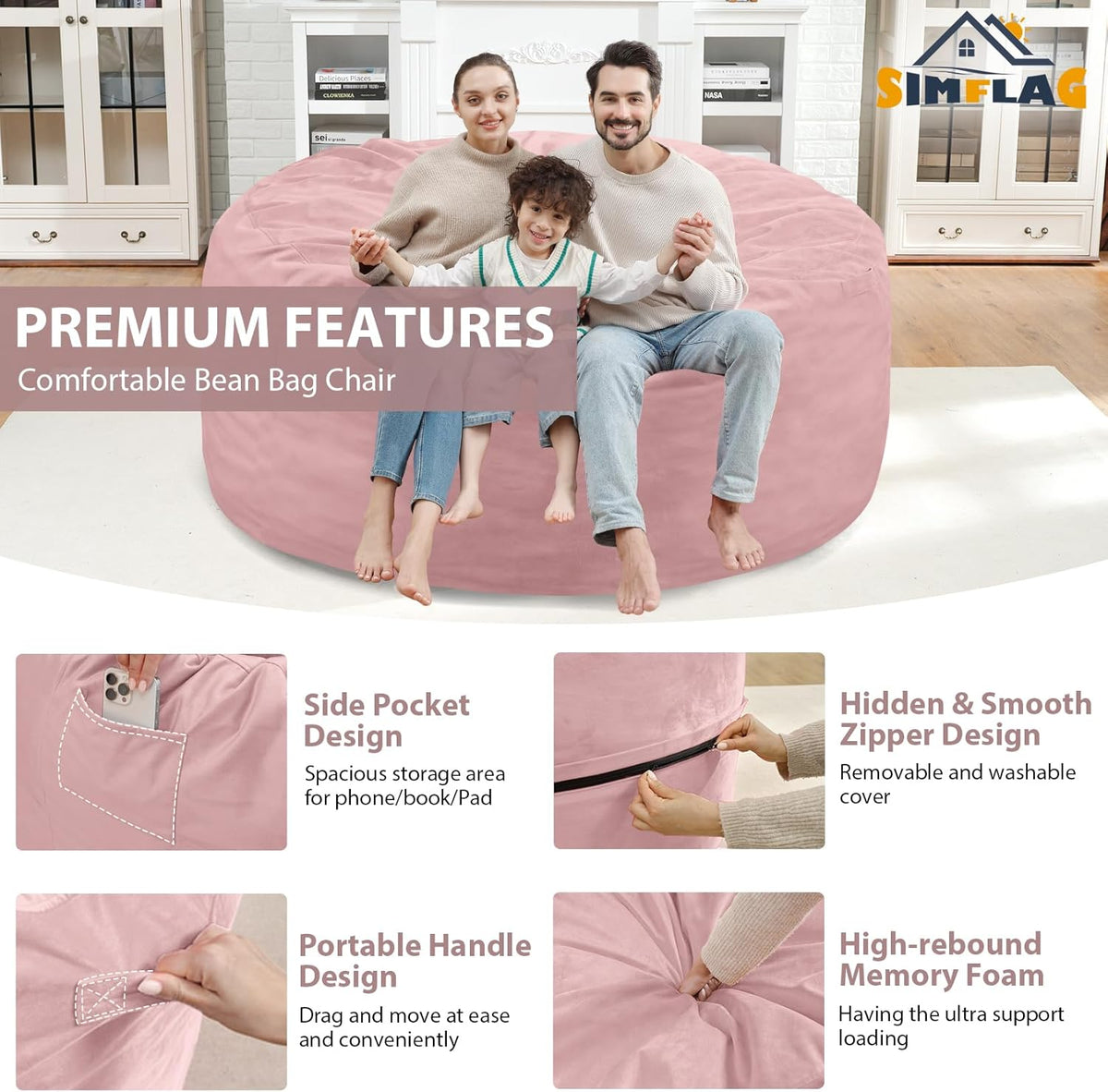 5FT Bean Bag Chair, Large Bean Bag Chairs with Memory Foam Filled, Fluffy Beanbag Sofa with Dutch Velvet Cover, Round BeanBag Chairs for Living Room, Playroom - Light Pink