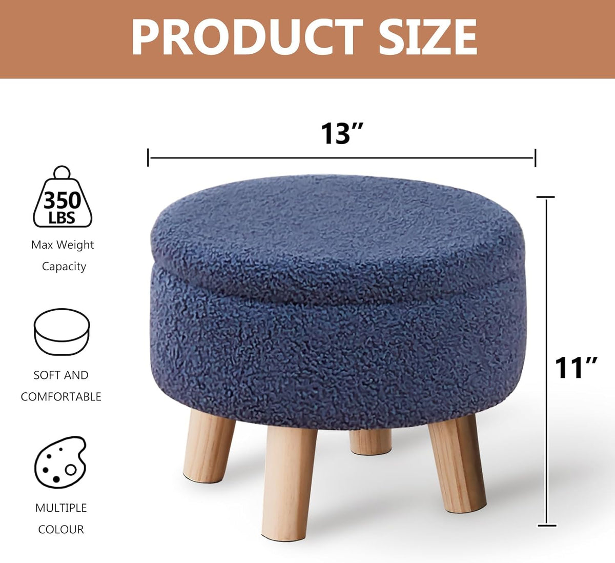 Wimarsbon Storage Ottoman, Modern Round Footrest with Soft Padded Seat, Teddy Velvet Footstool with Wood Legs, Accent Small Table or Plant Stand for Hallway, Living Room (Grey-Blue)