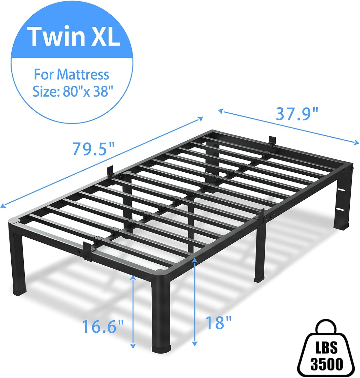 18 Inch Twin XL Bed Frame, 3500Lbs Heavy Duty Metal Platform with Round Corner Legs Mattress Slide Stopper, Steel Slat Support No Box Spring Needed, Noise Free, Non-Slip, Easy Assembly