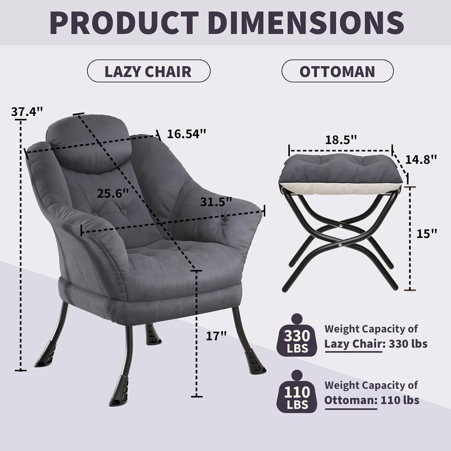 IDEALHOUSE Lazy Chair with Ottoman - Modern Living Room Chairs for Small Spaces, Ergonomic Reading Chair with Armrests, Comfy Chair with Ottoman for Bedroom & Living Room, Grey