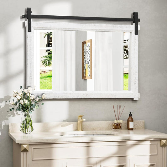 Bathroom Barn Door Mirror: 42"x28" White Farmhouse Wood Frame - Rustic Wall Mirror for Entryway/Living Room Wall Decor