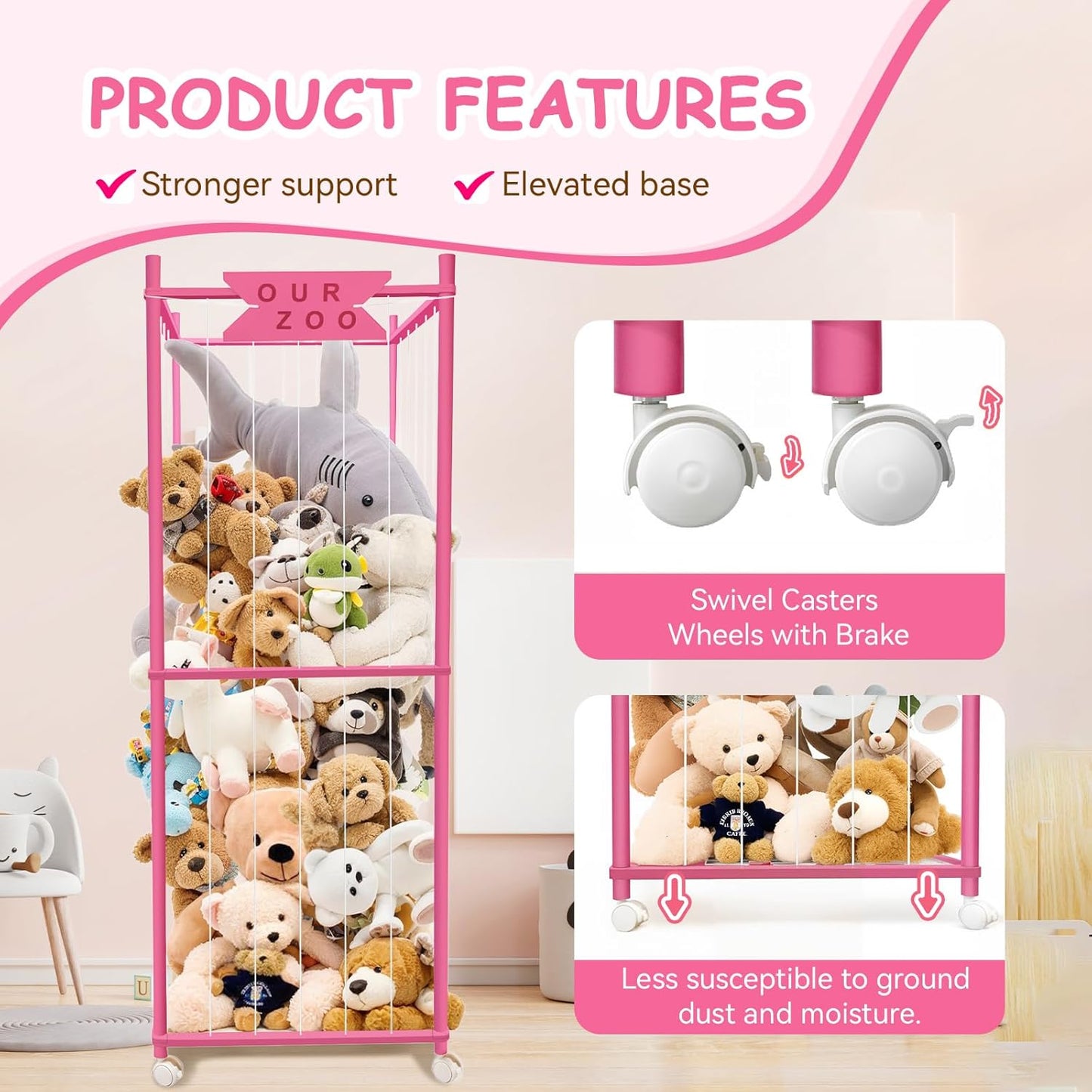 Stuffed Animal Storage Zoo with Wheels, Wooden Large Stuff Animals Plushies Holder Toy Organizer Kids Plush Storage Cage with Elastic Band and Net for Nursery Playroom Corner for Toddler (Hot Pink)