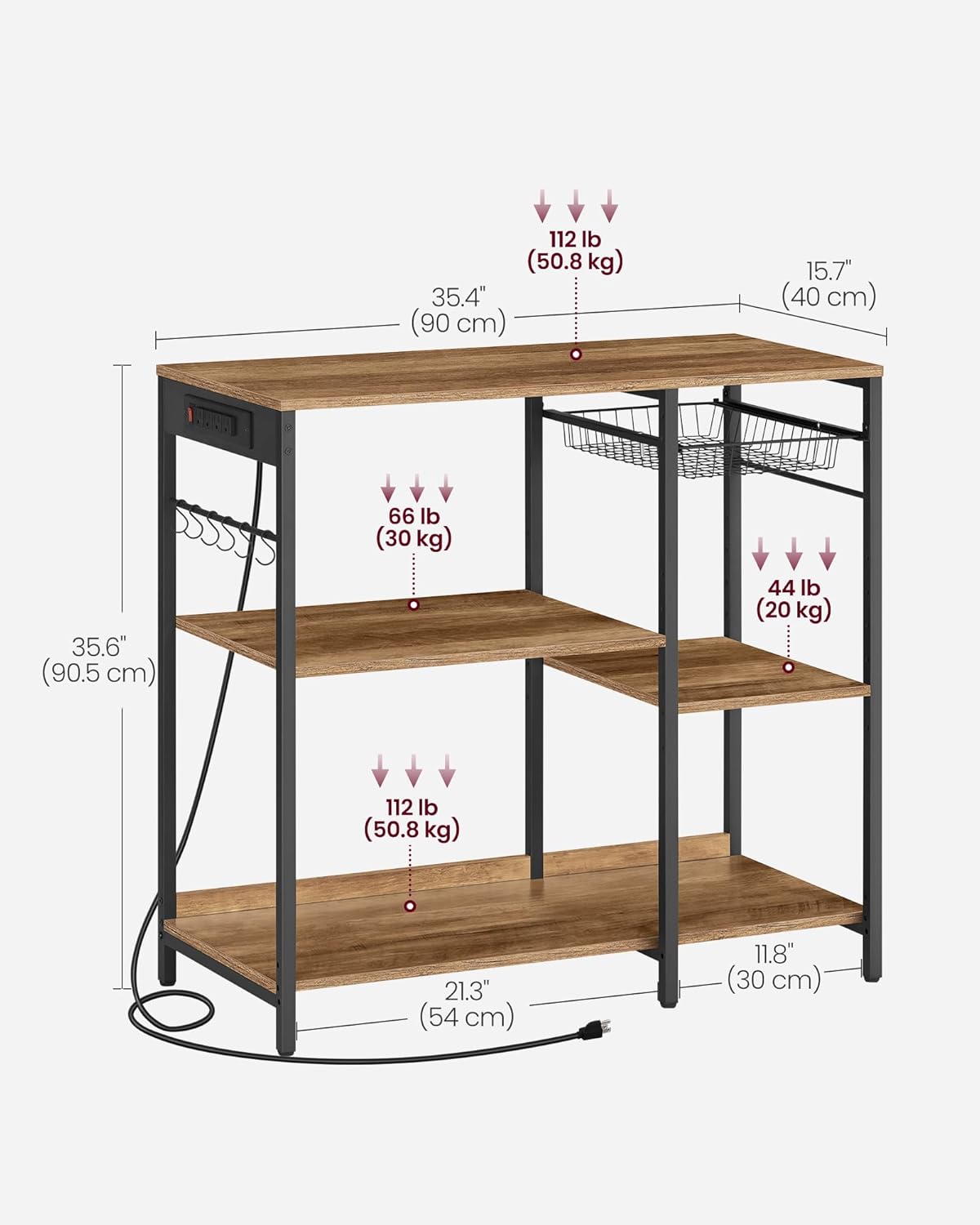 VASAGLE Baker's Rack, Coffee Bar Stand with Charging Station, Storage Shelves, Pull-Out Wire Basket, Table for Microwave, Kitchen, Rustic Walnut UKKS036K41, 15.7 x 35.4 x 35.6 Inches