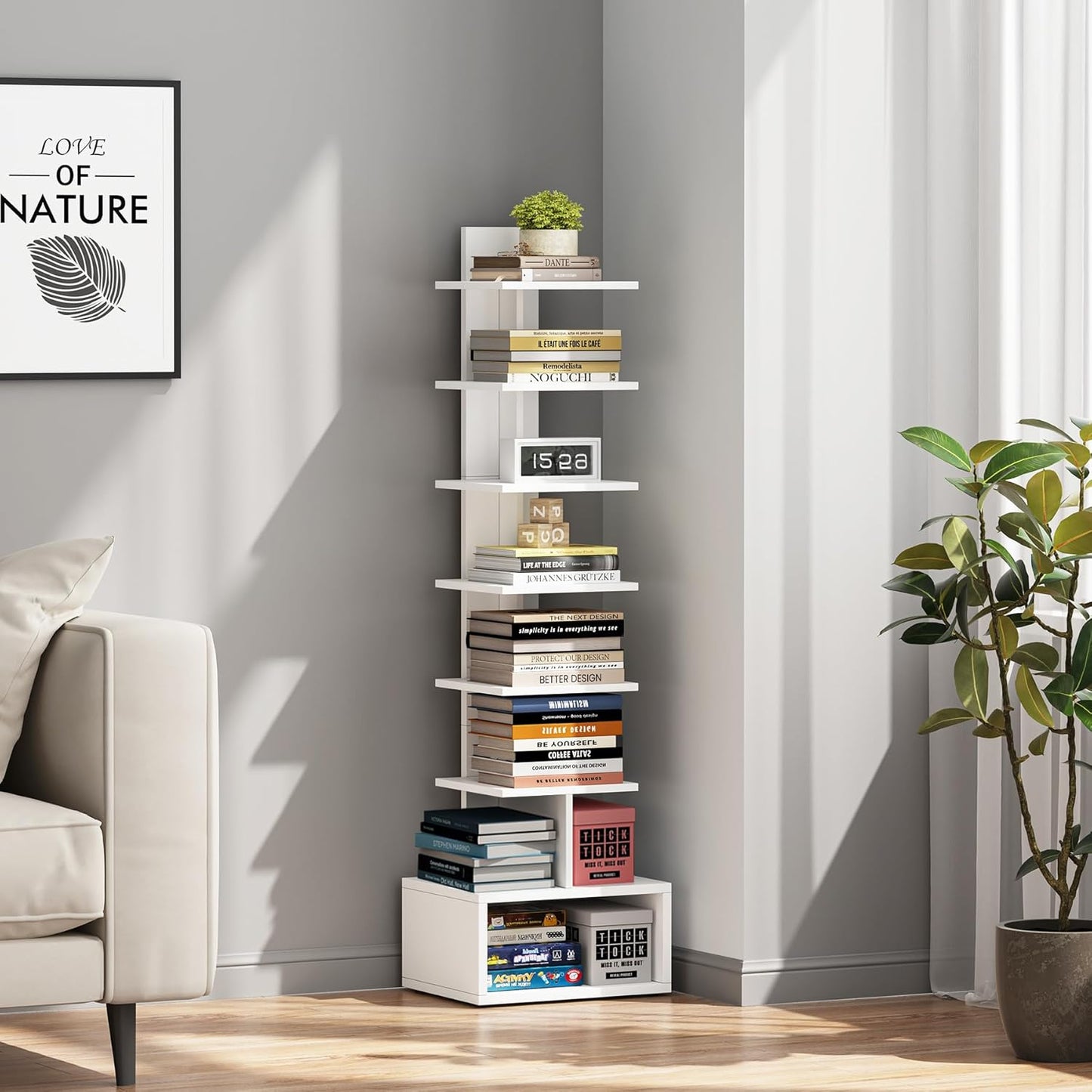 TUTOTAK Narrow Bookshelf, Vertical 8-Tier Bookcase, Spine Book Shelf for Small Space, Small Standing Shelf for Living Room, Office, Study, Entryway, White BS07BW008