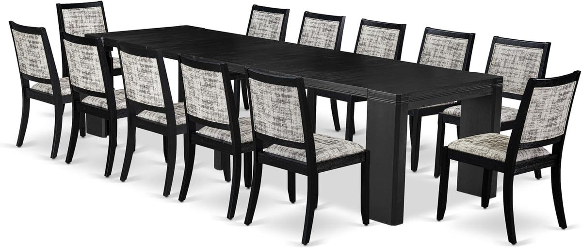 X12X2-006-30 - 13-piece Dining Room Table Set a Rectangular Kitchen Table and 12 Wire Brushed Black Polyester Fabric Stackable Chair, 39x120 Inch, Wire Brushed Black