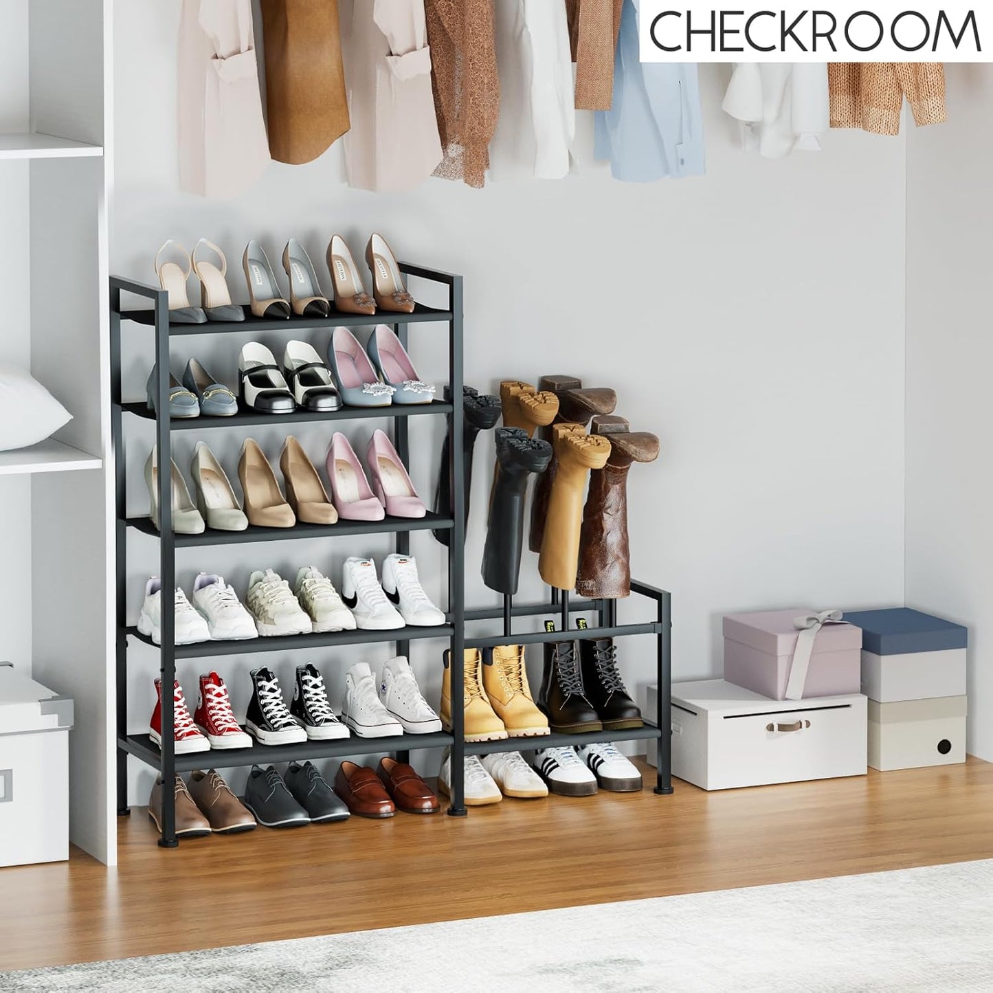 Shoe Rack Organizer and Storage - 5 Tier Metal+Non-woven Fabric Shoe Rack with Boot Storage & Side Any Combination - Space Saving Shoe Shelf for Entryway, Bedroom, Garage, Small Spaces