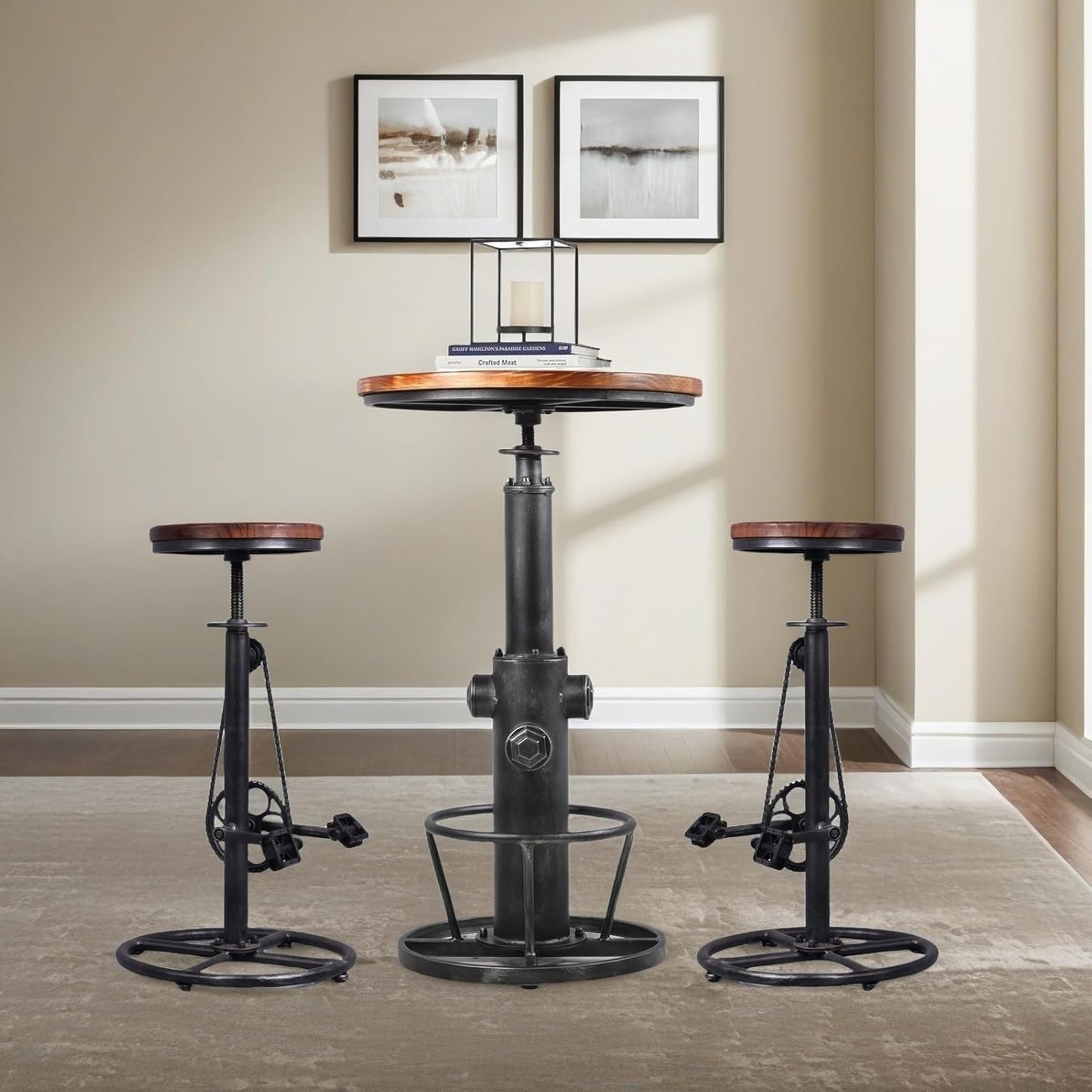 Set of 2 Industrial Bar Stool-Swivel Vintage Coffee Kitchen Dining Island Chair-Bike Pedal Footrest-Extra Tall Pub Height Adjustable 29-37"