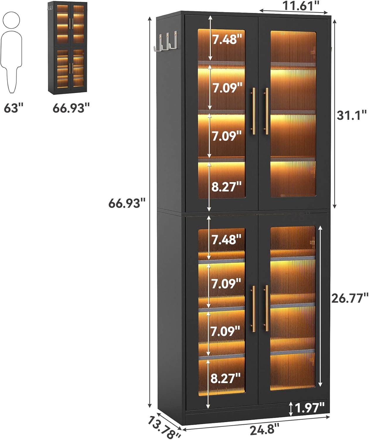 LITTLE TREE Stylish 8-Tier Vertical Shoe Rack with Built-in LED Lighting, Doors for Dust Protection, and Convenient External Hooks, Shoe Cabinet for Entryway, Living Room, Bedroom, Black