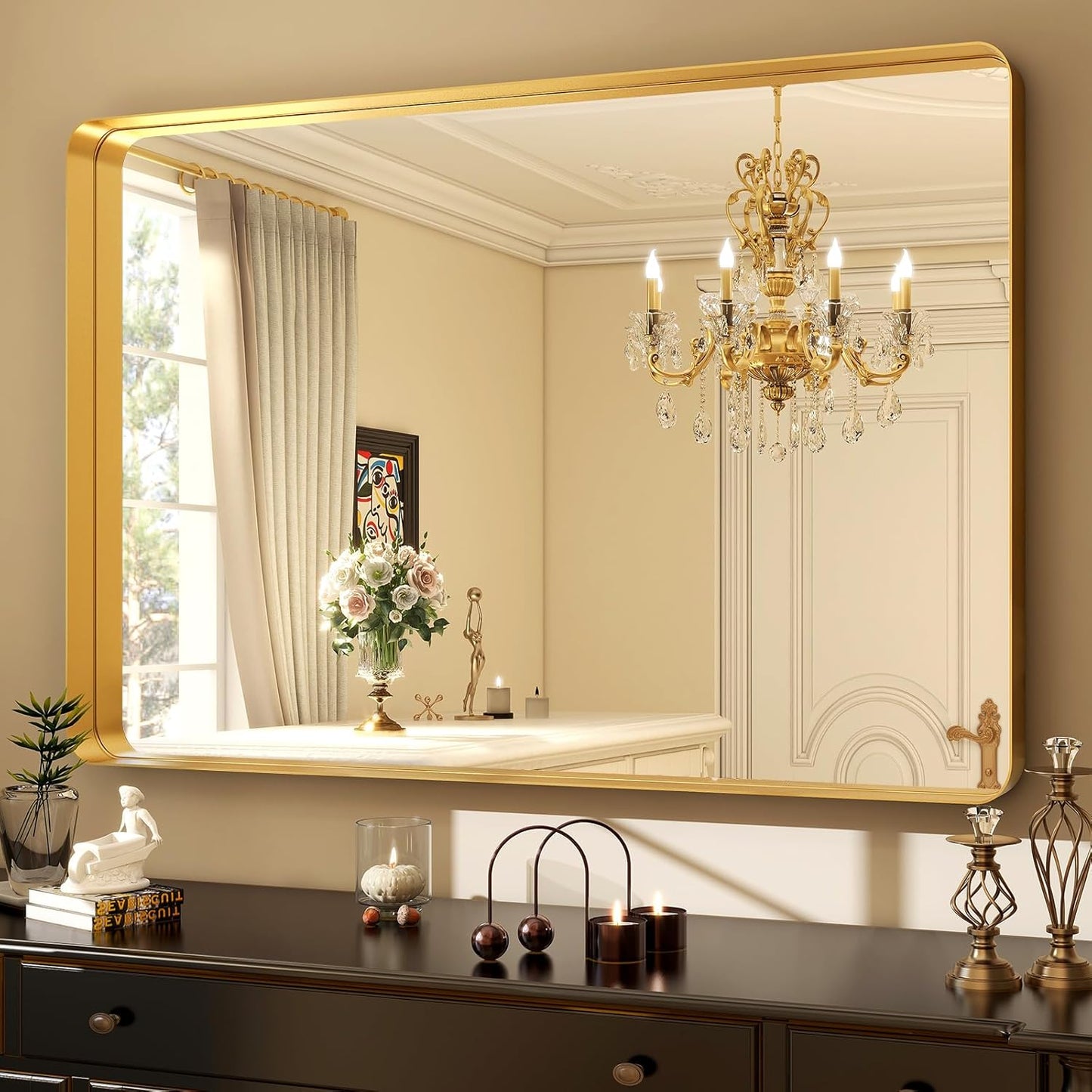30 x 40 Inch Gold Bathroom Mirror for Wall,Aluminum Alloy Frame Rectangular Wall Mounted Mirror for Farmhouse Decor Horizontal or Vertical Ideal for Bedroom, Living Room