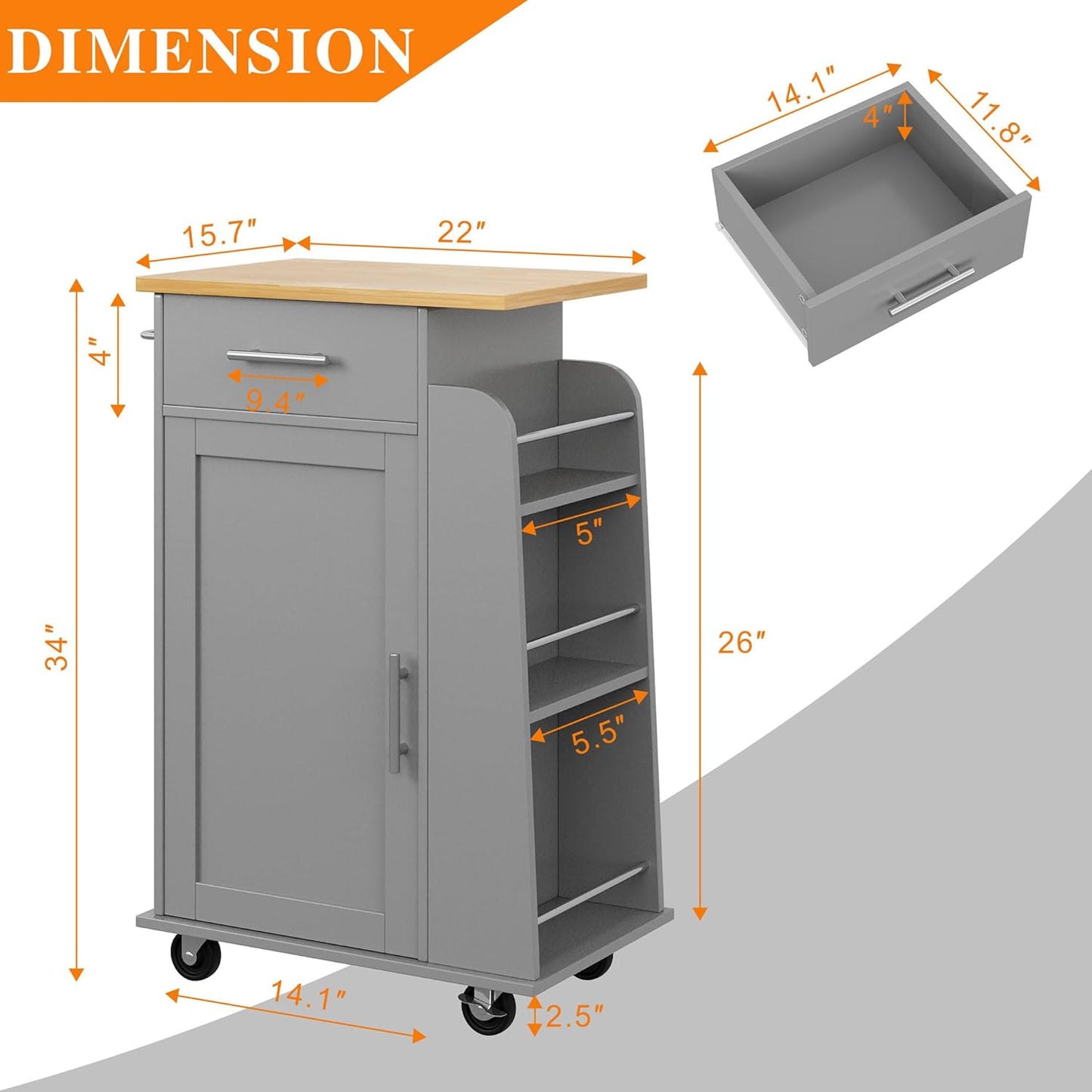 Shintenchi Small Kitchen Island on Wheels with 3-Tier Side Spice Rack and Rubber Wood Top, Trolley Cart with Storage Cabinet & Drawer and Handle/Towel Rack, Gray