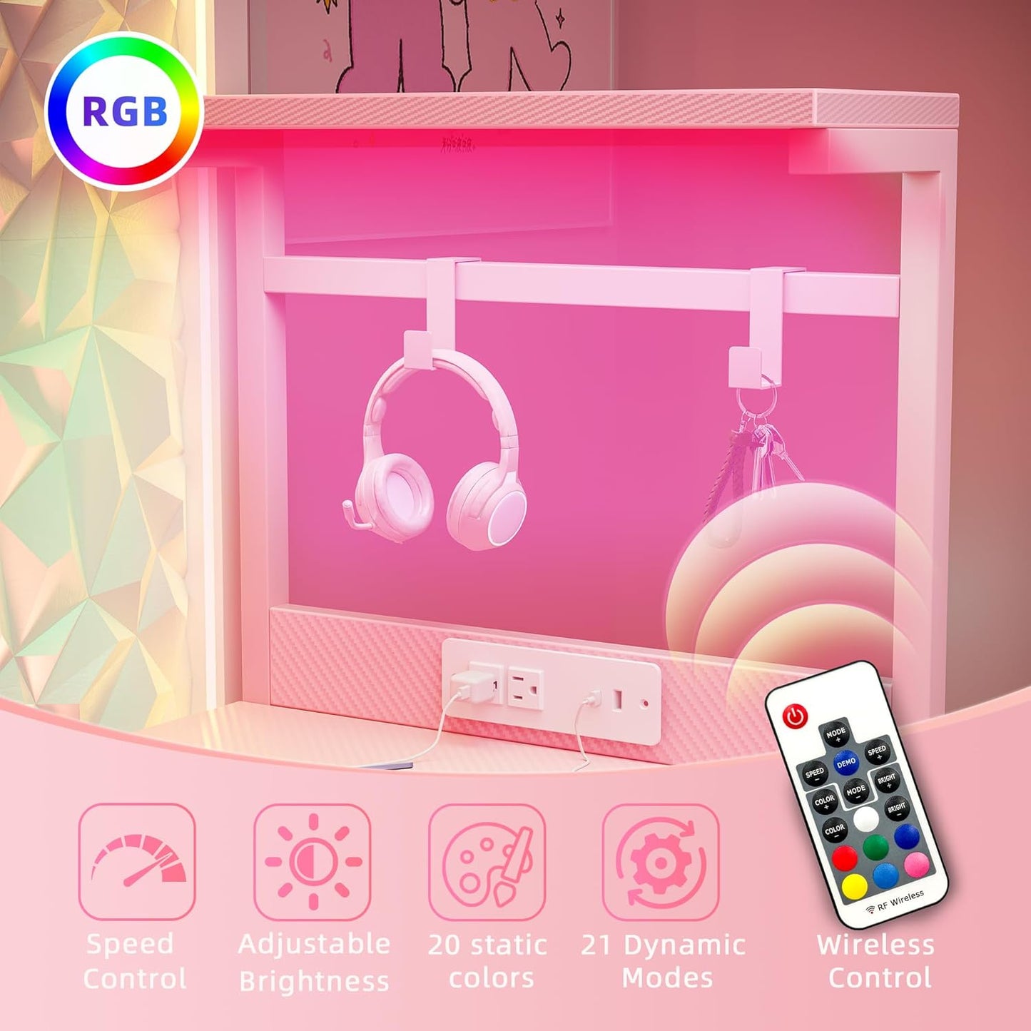 TIQLAB Gaming Desk 55 inch with Power Outlet and LED Light, Computer Desk with Reversible Shelves and Storage Drawer, Small PC Desk for Home Office Table with Bag, Carbon Fiber Pink