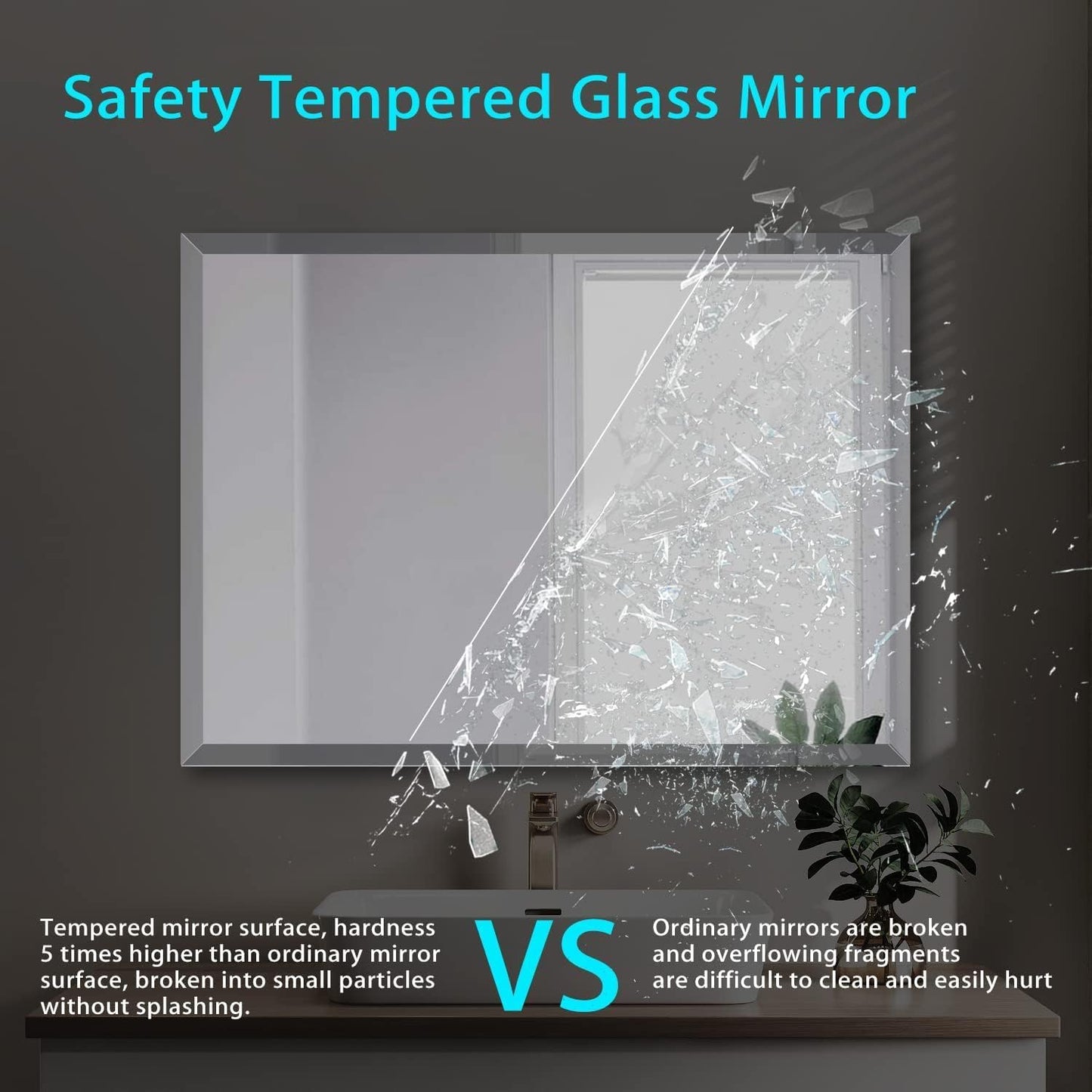 Frameless Beveled Edge Bathroom Mirror 36x24 Inch Rectangle Wall Mirror Explosion Proof and Shatterproof Bathroom Vanity Mirror Wall Mounted Hang Firmly (Horizontal or Vertical)
