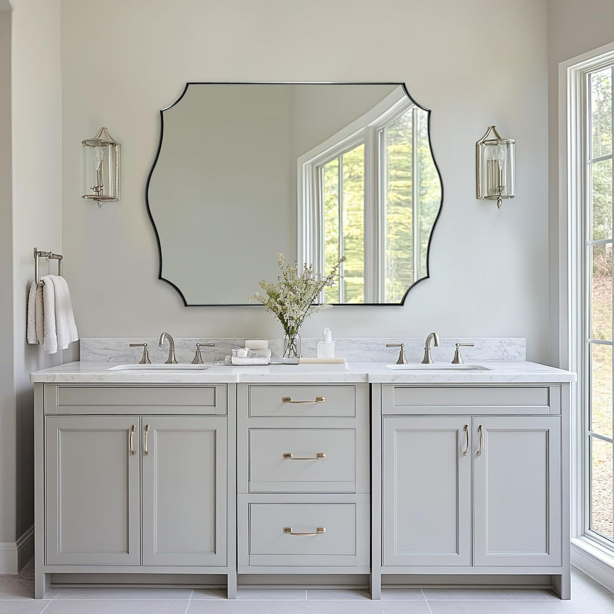ANDY STAR Large Brushed Nickel Mirror, 30x40 Inch Scalloped Bathroom Mirror, Modern Rectangle Mirror with Unique Wavy Design, Ideal for Home Decor, Rust-Proof Stainless Steel 1" Frame