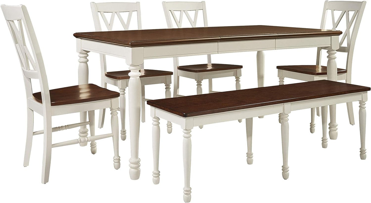 Crosley Furniture Shelby 6-Piece Traditional Dining Table Set for 7 with 4 Chairs and a Wood Bench, Distressed White