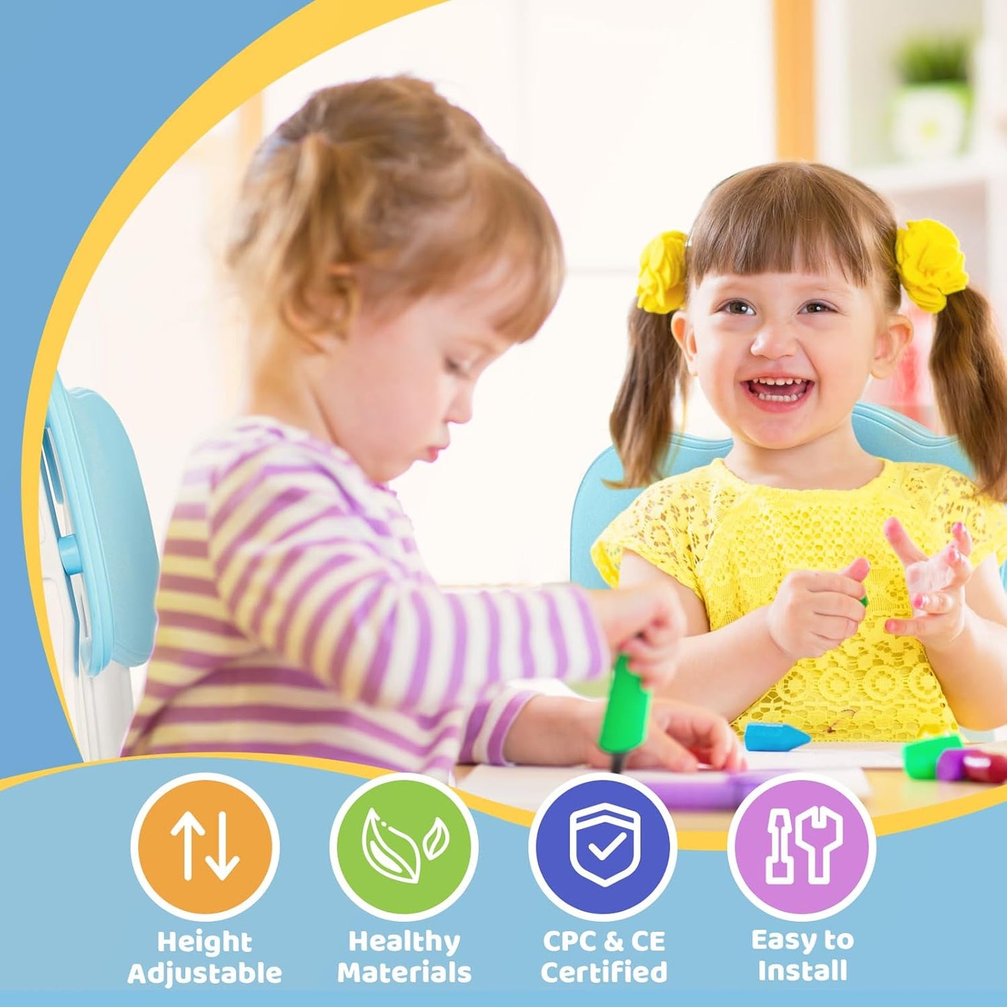 FUNLIO Adjustable Kids Chair (2pcs), 3 Level Height Adjustable Toddler Chair for Ages 3-8, Sturdy Child Chair with Maximum Bearing 220lbs, for Classrooms/Daycares/Homes, CPC & CE Approved - Blue