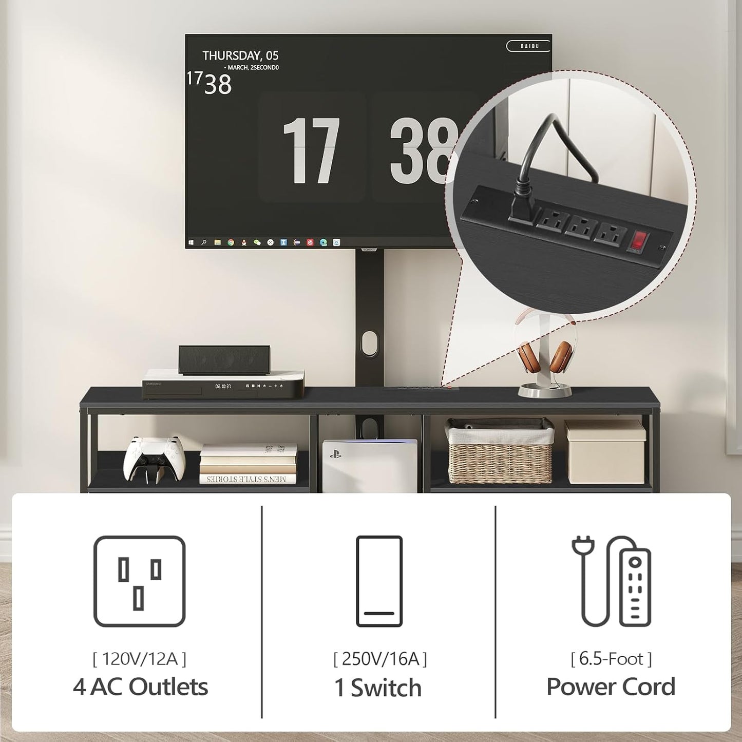 TV Stand with Mount for up to 65", Entertainment Center with Switch-Controlled Charging Station, Swivel TV Stand Mount with Fabric Drawers, for Living Room, Black TVBK154E01