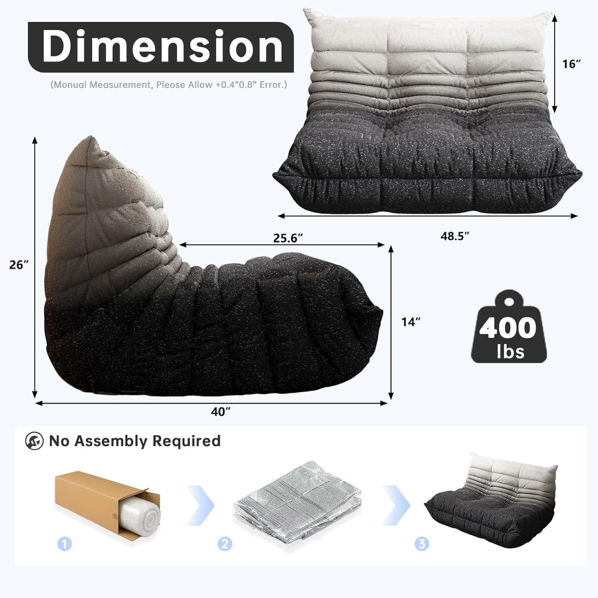 Bean Bag Chairs for Adults, Memory Foam Couch Loveseat Sofa Chair, Soft Teddy Material Cozy Comfy Reading Nook Chairs, Floor Chair for Living Room Bedroom Office(Black-White)