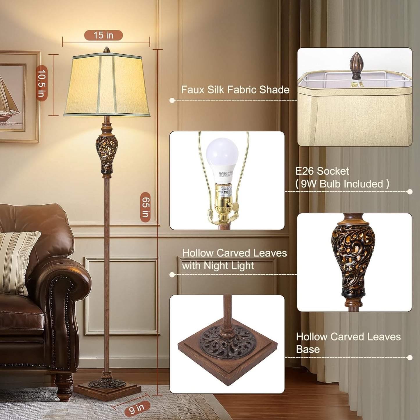 Vintage Floor Lamp with Nightlight, 65" Rustic Standing Lamp with Beige Faux Silk Shade, Farmhouse Style Design Tall Lamp Decor for Living Room Bedroom Study Home Office Corner- Bronze (Bulb Included)