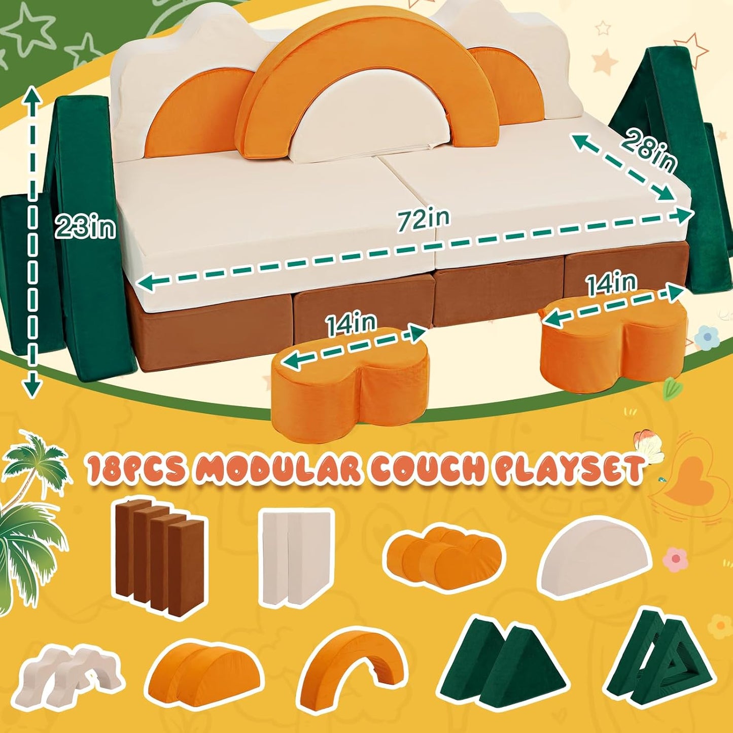 18PCS Modular Kids Play Couch - Junlge Theme Toddler Couch Building Fort, Convertible Sofa Multifunctional Kids Sofa, Toddler Baby Playroom/Bedroom Furniture for Playing, Sleeping