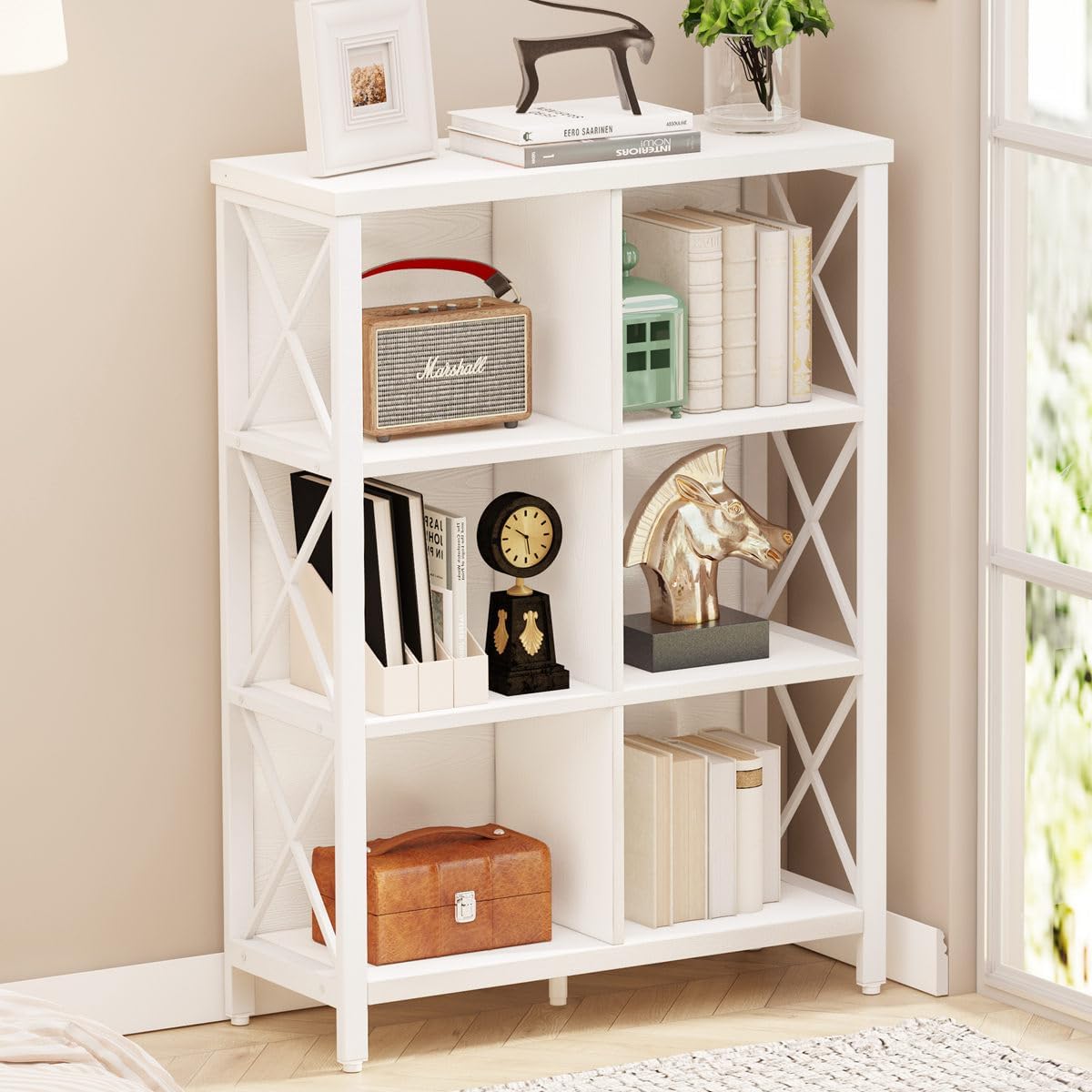 FATORRI 6 Cube Storage Organizer Shelf, Wood and Metal Cubby Bookshelf, Modern Cube Book Shelf (White Oak)