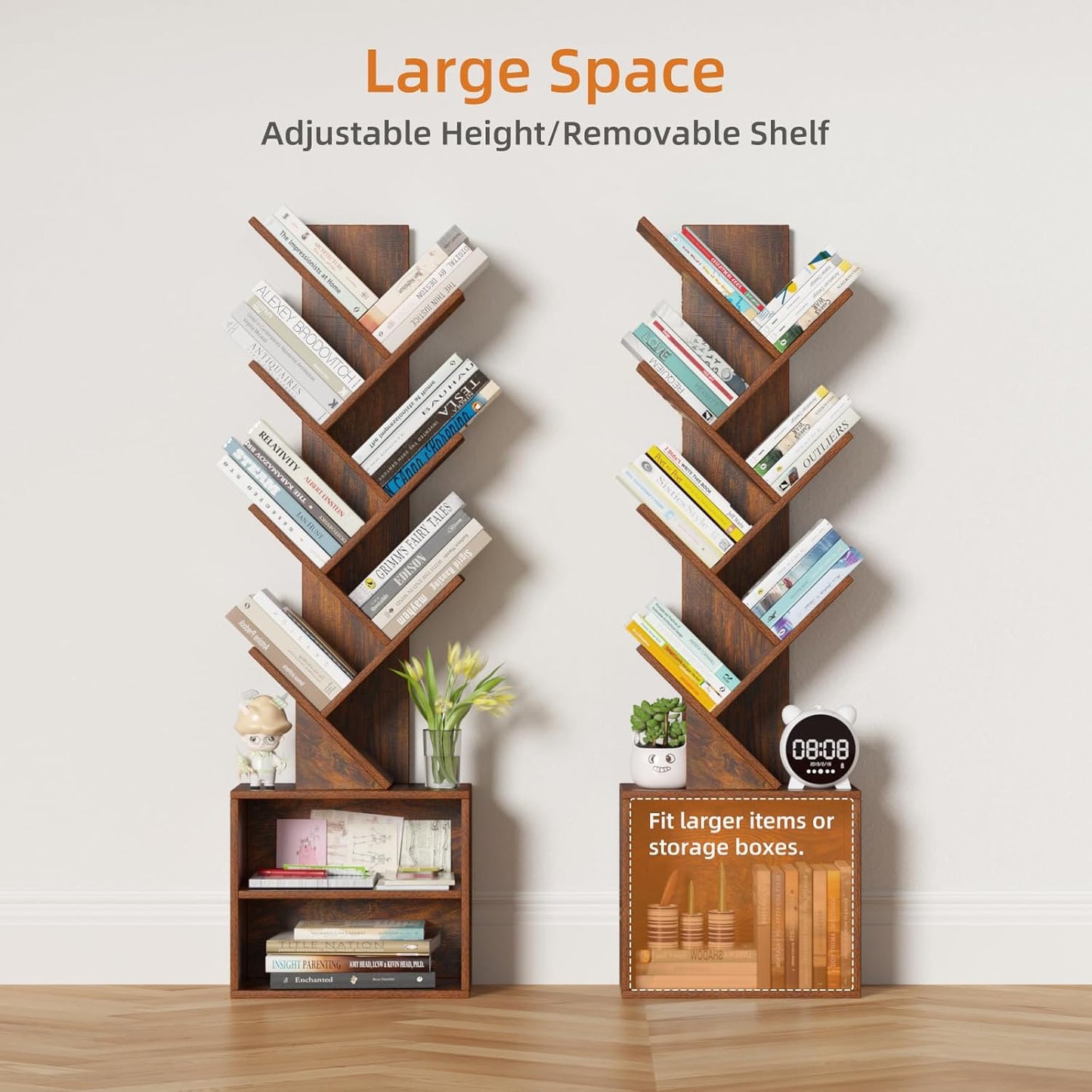 10 Tier Tree Bookshelf,Floor Standing Wood Tall Bookcase for Narrow Space, Storage Organizer Bookshelves for Books, Book Case for CDs/Movies/Books,Home Office,Living Room, Bedroom
