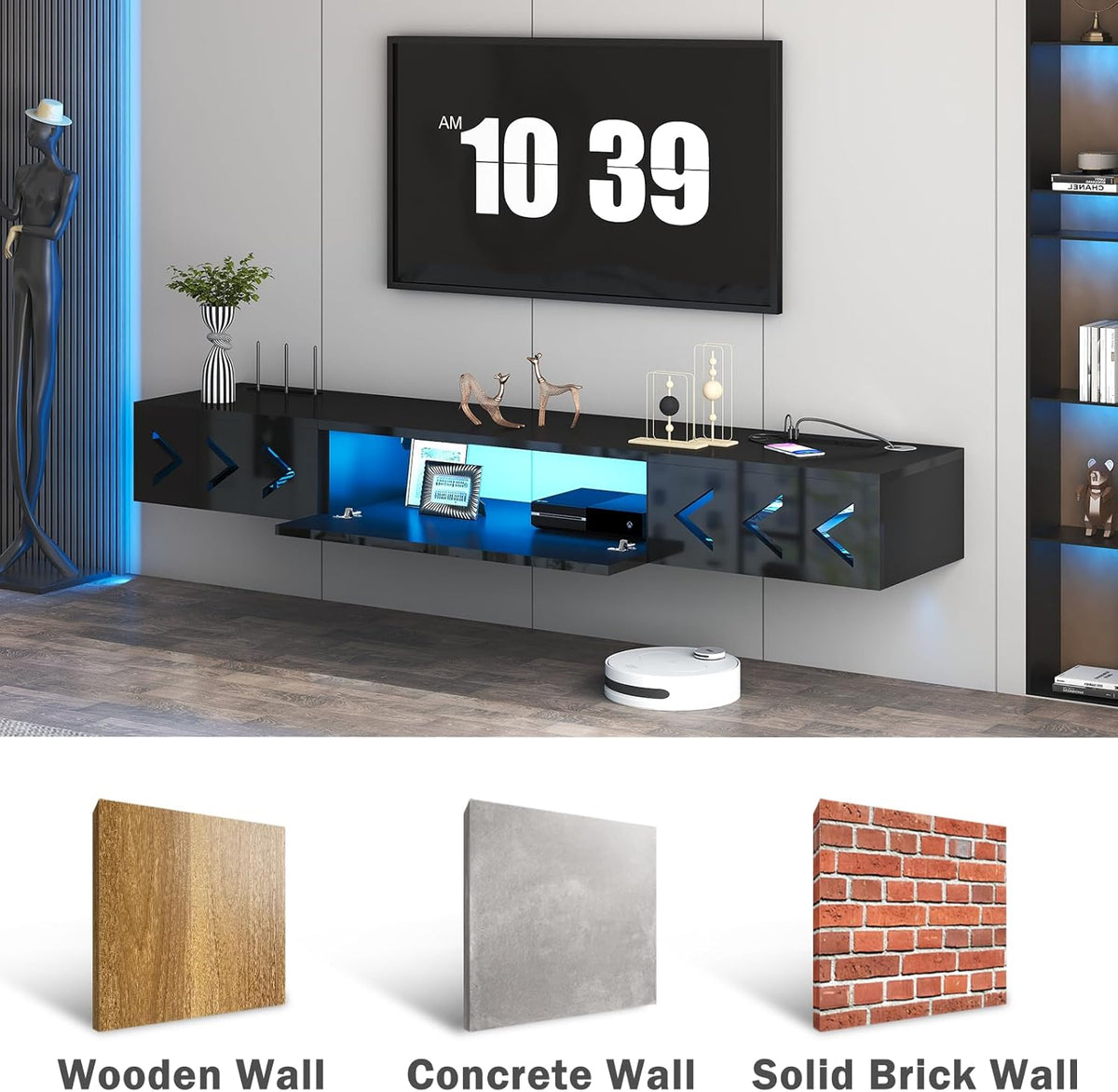 Floating TV Stand, 71" Floating Entertainment Center Wall Mounted,Floating Wall Mounted TV Shelf with Led Lights and Power Outlet,Modern High Gloss tv Cabinet Media Console with Storage