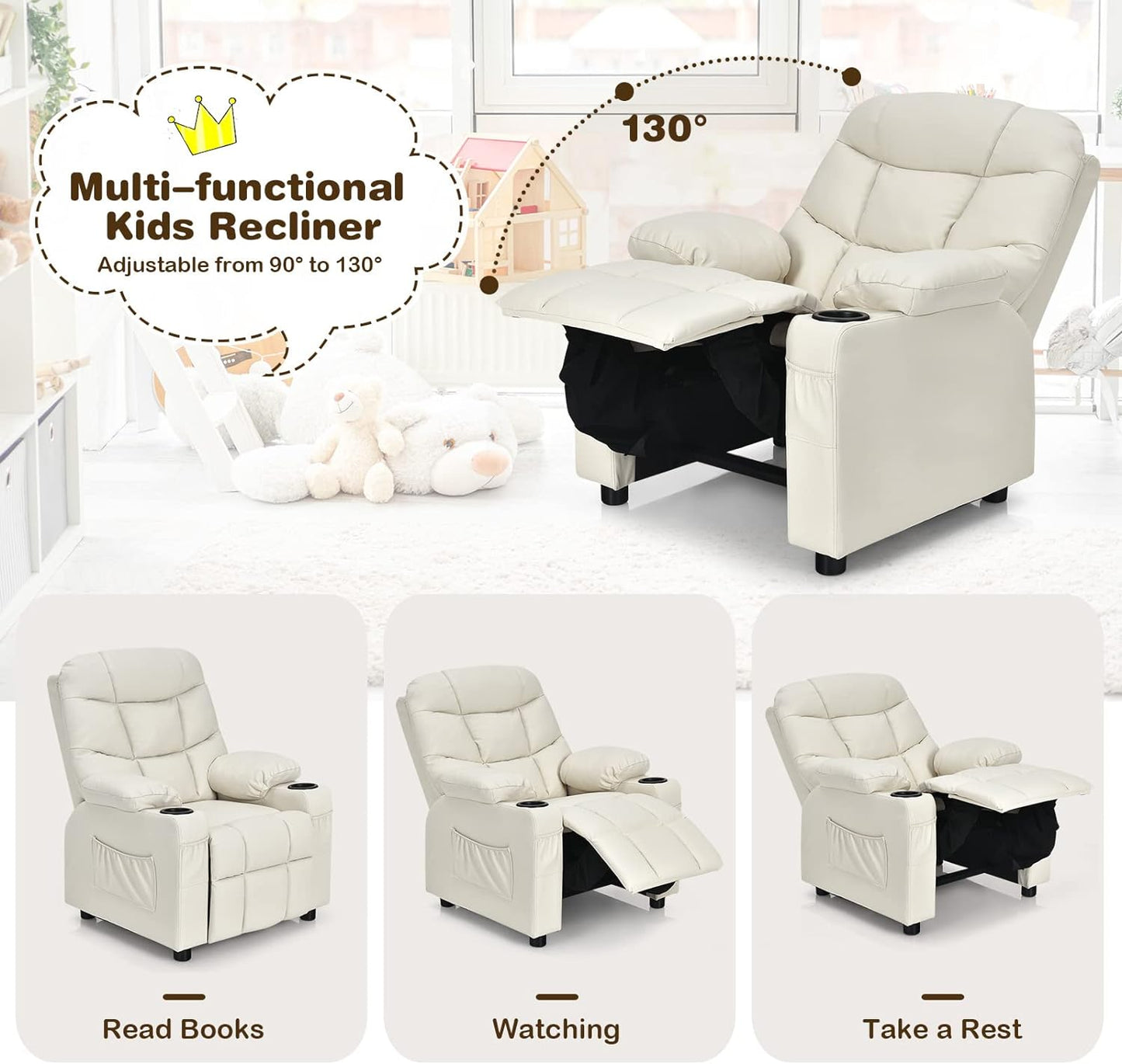 Costzon Kids Recliner Chair with Cup Holder, Adjustable Lounge Chair w/Footrest & Side Pockets for Children Boys Girls Room, Ergonomic Toddler Furniture Sofa, Kids Recliner (Beige)