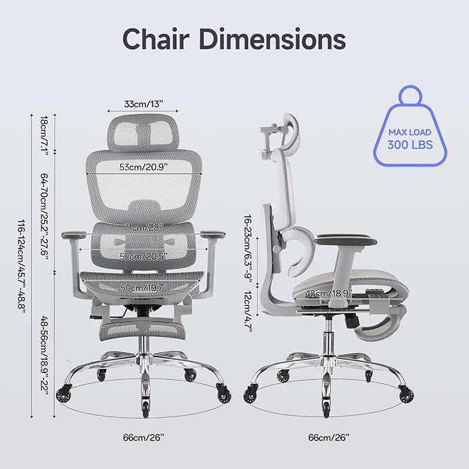 Office Chair with Footrest, Ergonomic Chair with Neck Pillow & Rubber Wheels, Computer Chair with Adjustable Backrest & 3D Armrests Headrest, Gaming Chair Adaptive Lumbar Support, Grey