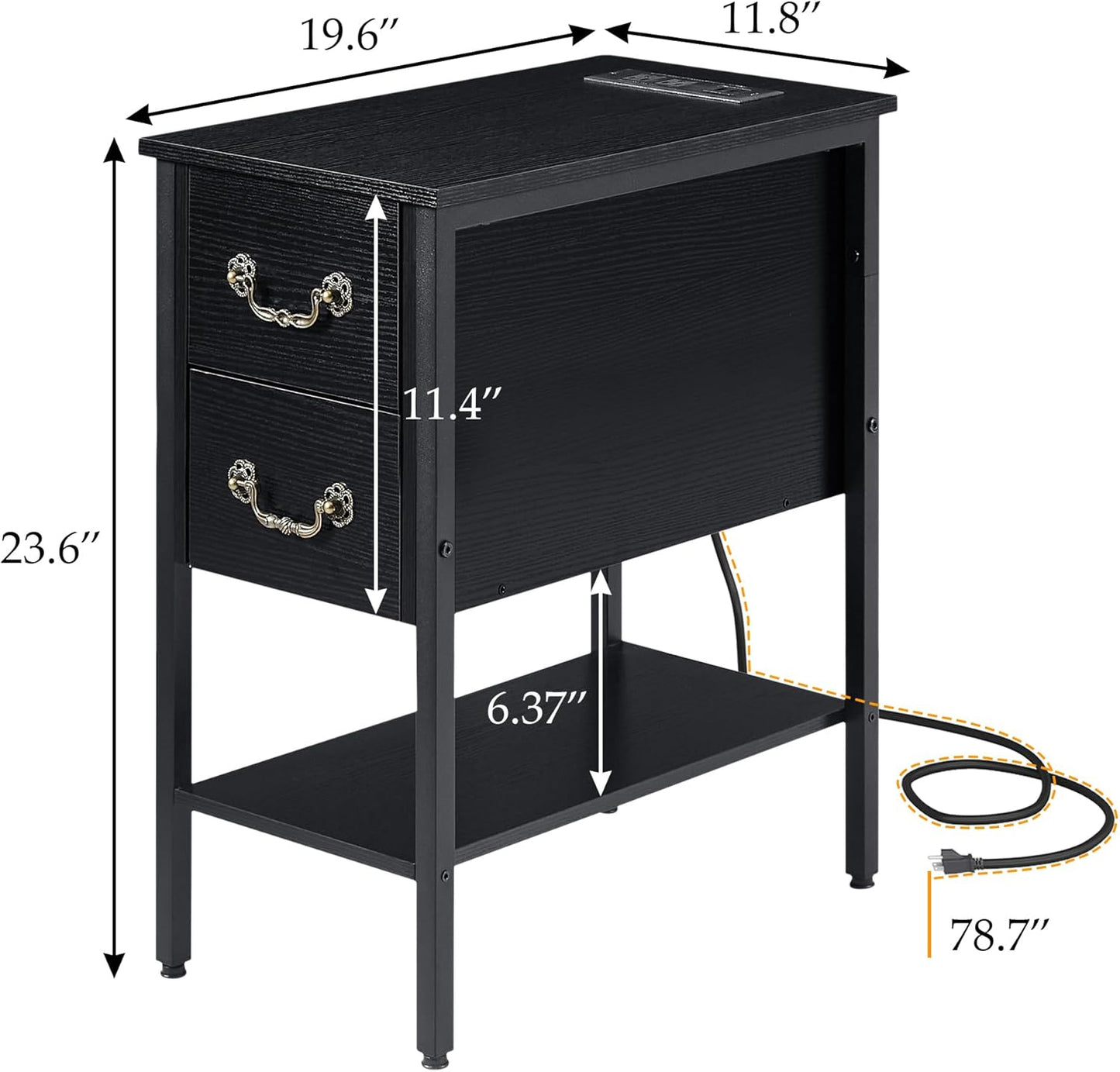 VECELO End Tables,Narrow Nightstands with Charging Station & USB Ports &Drawers,Night Stand for Living Room, Bedroom,Black