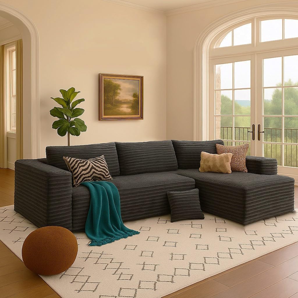 COMHOMA 105”Modular Sectional Sofa with Deep Seat,Cloud Upholstered L-Shape Couch Wide Arms Corduroy Fabric High-Density Foam Chaise Lounge for Living Room No Assembly Required