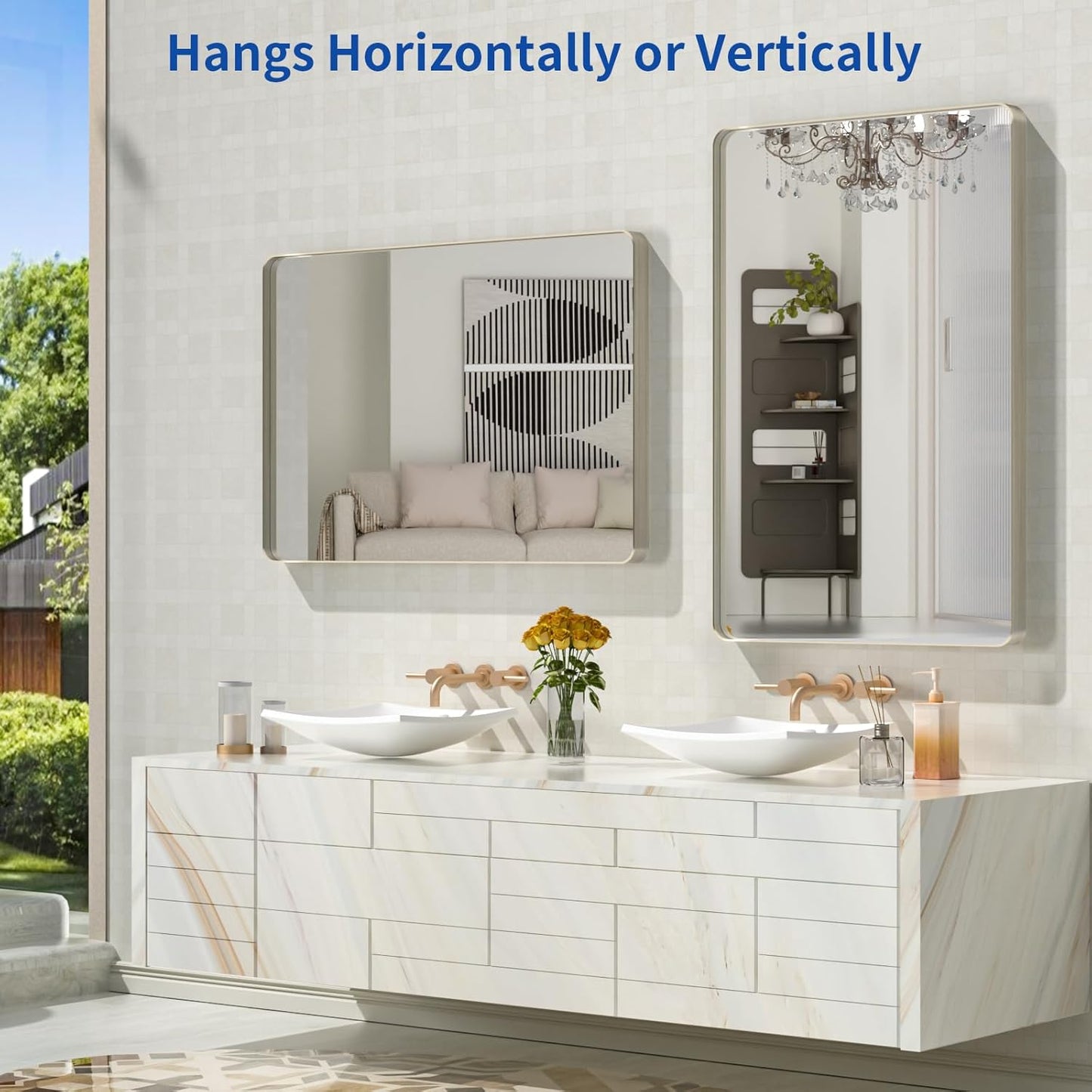 WEER 28X36 Inch Brushed Nickel Bathroom Mirror, Brushed Silver Metal Frame Mirror, Rounded Rectangle Silver Bathroom Vanity Mirror, Tempered Glass, Anti-Rust, Hangs Horizontally or Vertically