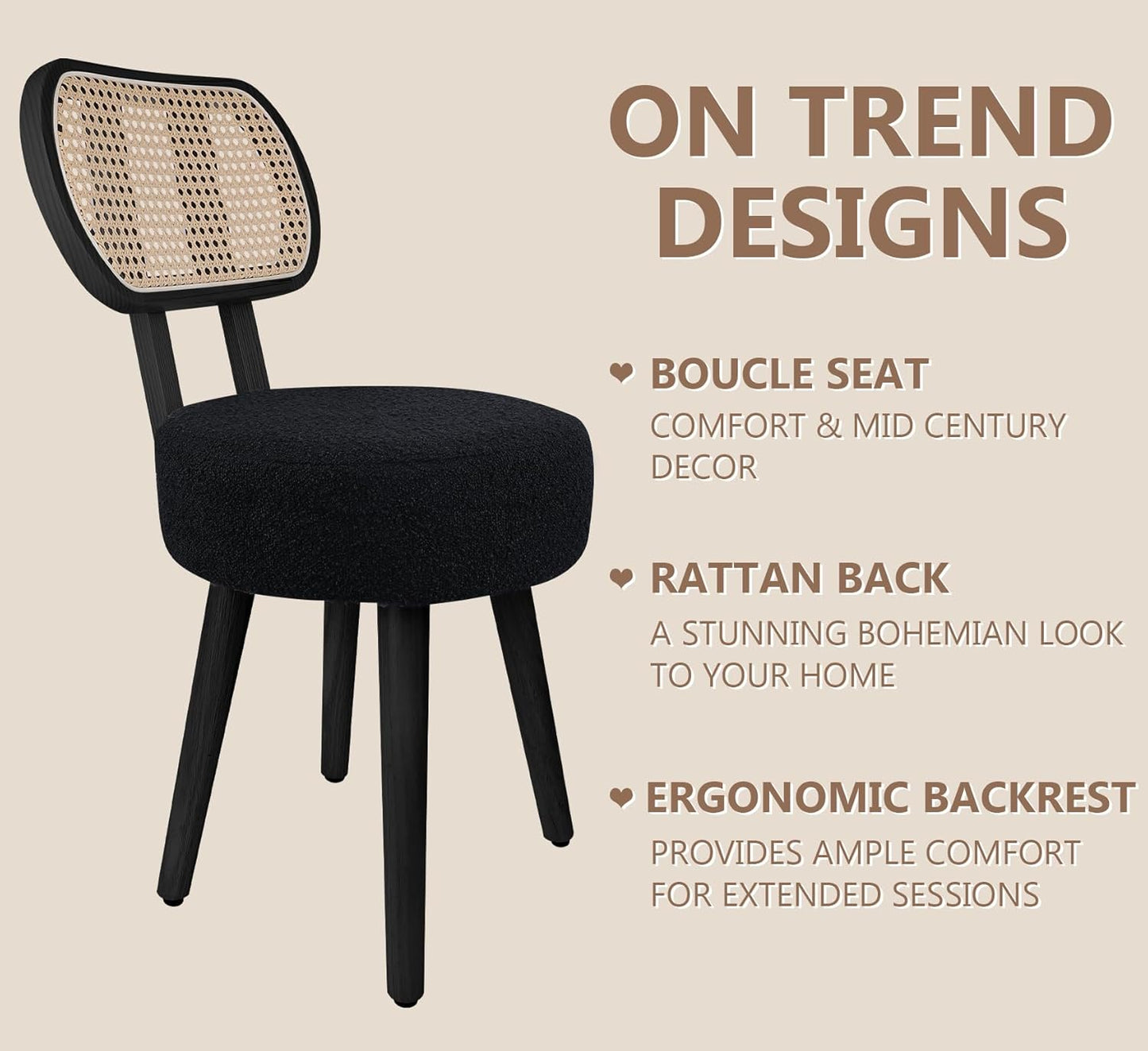ZYBT Rattan Dining Chair, Boho Makeup Vanity Chair for Makeup Room, Mid Century Modern Boucle Chair, Black Cane Dining Chairs, Upholstered Wood Accent Chair, Cute Sherpa Chair with Back, 1 Pc