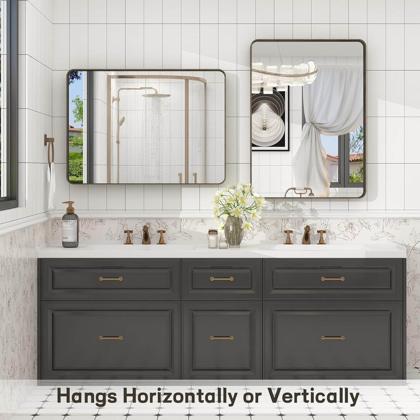 24x36 Inch Bronze Framed Bathroom Mirror, Rectangle Brushed Bronze Metal Vanity Mirror, Small Modern Wall Mirror, Rounded Corner, Tempered Glass, Anti-Rust, Shatterproof (Horizontal/Vertical)