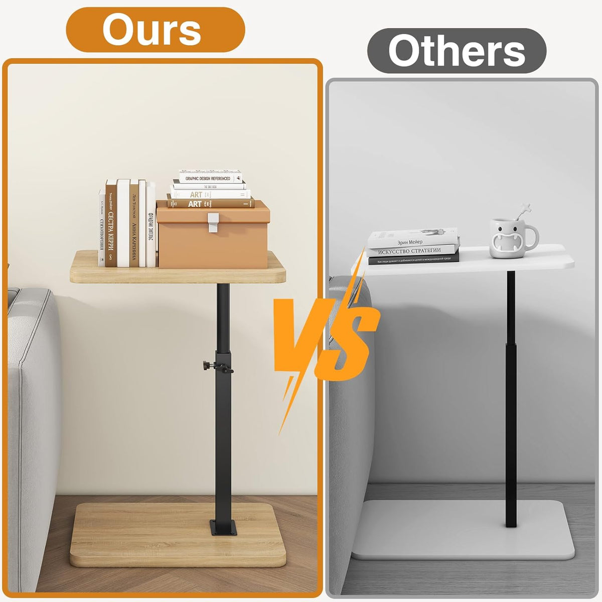 IBUYKE Tray Table for Couch, 360° Swivel Height Adjustable End Table for Small Spaces, with Phone & Tablet Slot, Modern Small Coffee Snack Table for Sofa/Bed, Natural UTVT003R