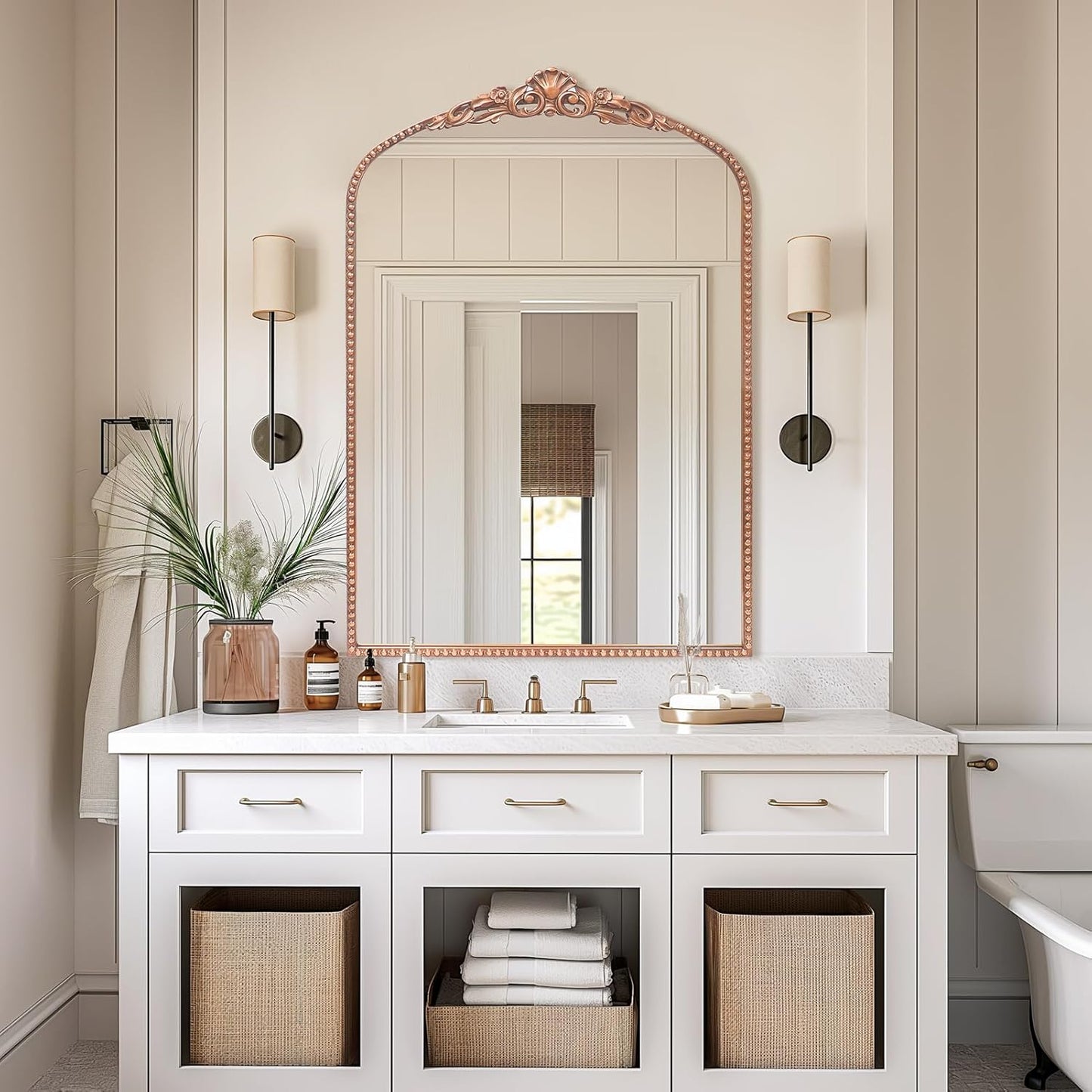 G-LEAF Vintage Baroque Mirror 24"X36", Arched Mantel Victorian Antique Farmhouse Mirror with Ornate Metal Frame for Fireplace Entryway Living Room Hallway Bathroom