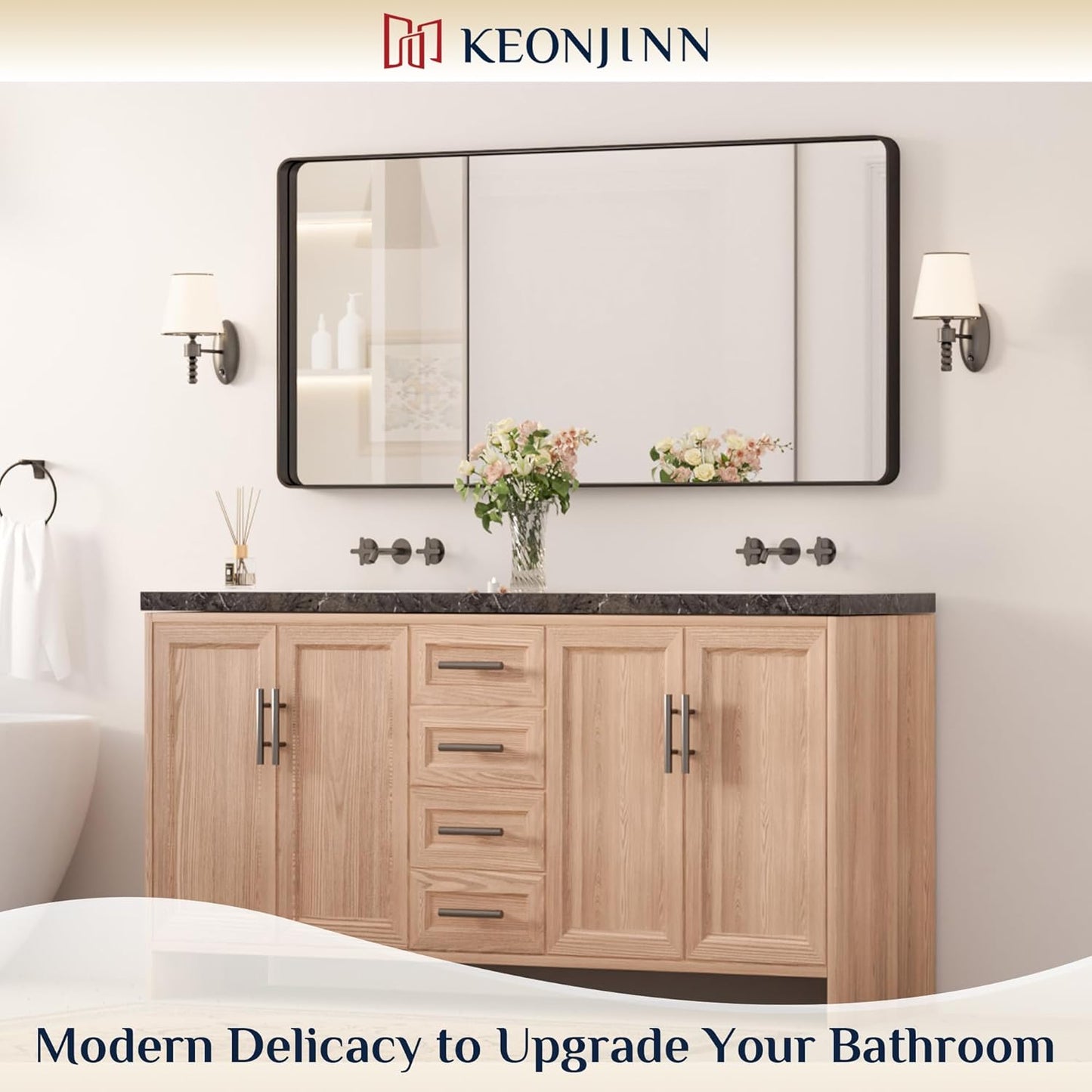 Keonjinn Black Bathroom Mirror for Over Sink, 48 x 24 Inch Large Rounded Rectangle Bathroom Vanity Mirror, Matte Black Farmhouse Wall Mirror, Tempered Glass, Seamless Aluminum Alloy Frame Full Mirror