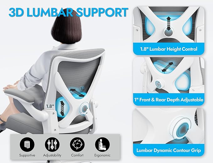 Ergonomic Office Chair - X-Shaped Computer Desk Chairs Comfy, Mesh High-Back Gaming Chair with Adjustable Lumbar Support, Executive Task Chair for Adults, Comfortable for Long Hours (White Grey)