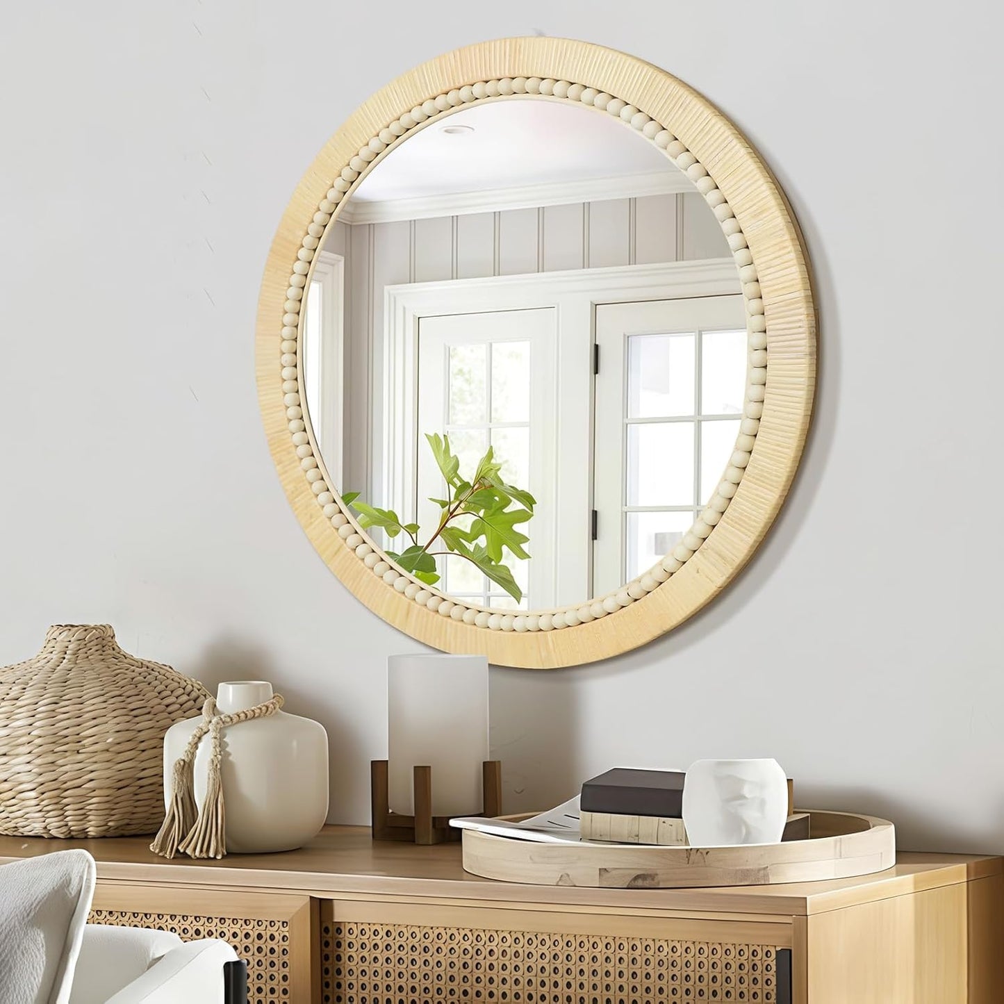 ULIKE Round Rattan Mirror, Bathroom 30 Inch Rustic Farmhouse Wall Decor with Handmade Wicker Frame, Boho Mirror for Nursery Bedroom Living Room Entryway