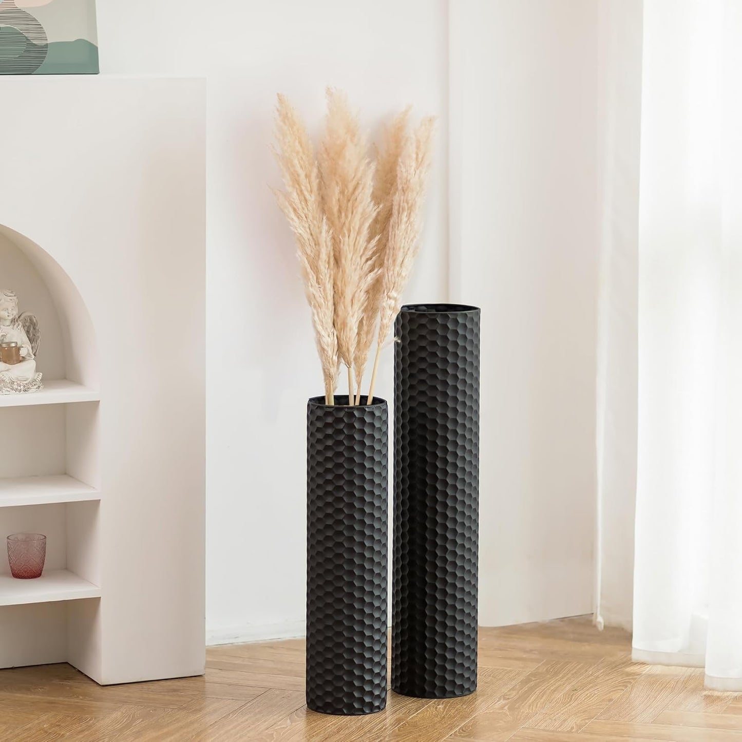Sziqiqi Black Tall Floor Vase: 27.6/21.7in Metal Cylinder Vases Extra Large Decorative Vase Set of 2 Living Room Modern Honeycomb Texture Big Standing Decor for Dining Bedroom Home Corner Indoor