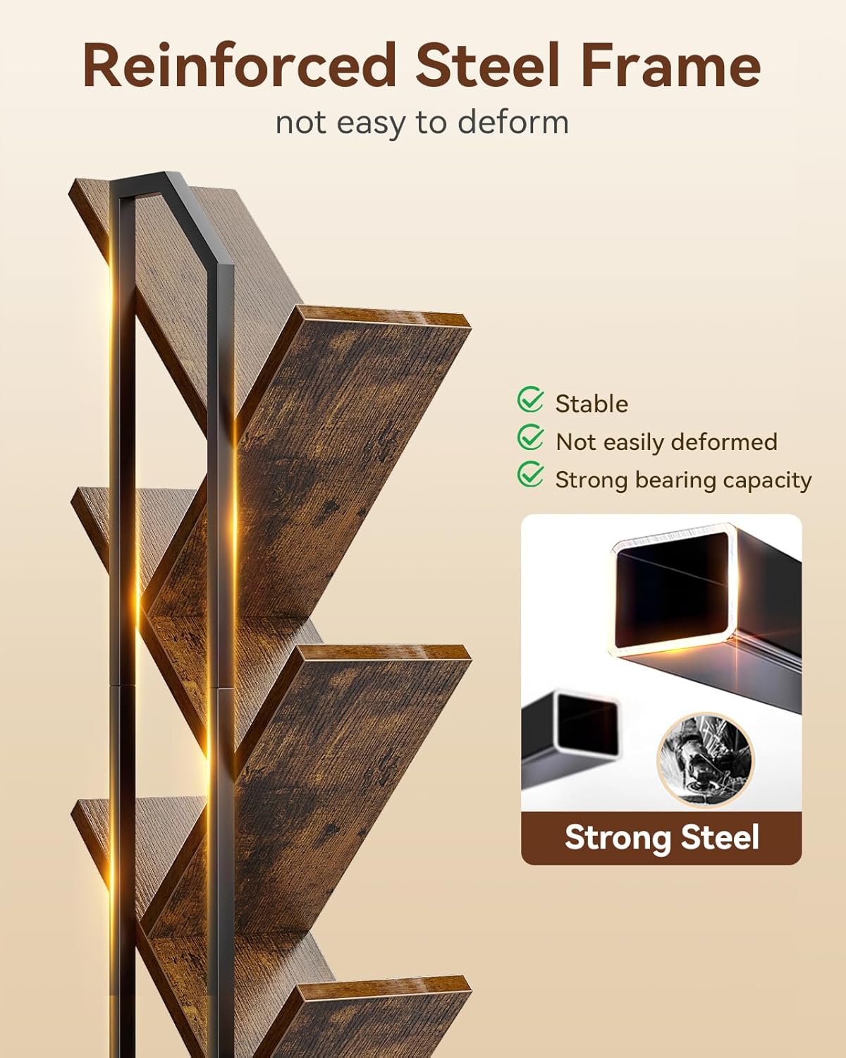 Casaottima 6-Tier Tree Bookshelf — Narrow Floor Standing Bookcase, Tall Steel & Wood Book Organizer Shelf with Cabinet, Home Decor for Living Room/Bedroom/Home Office, Vintage
