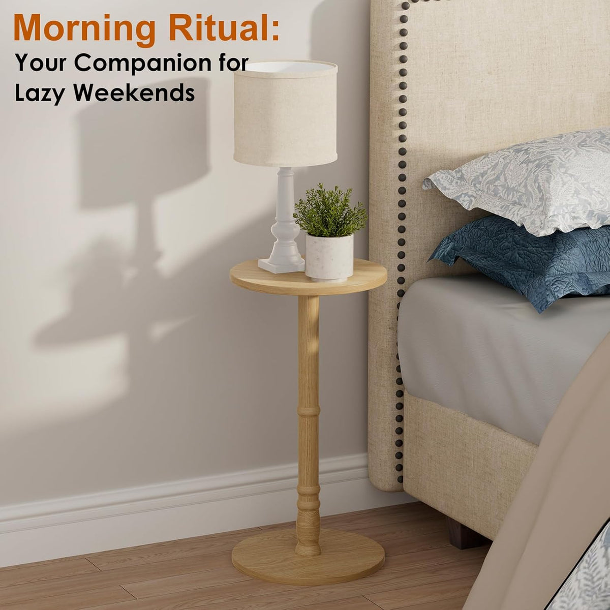 Round Side Table, Solid Wood Pillar with Wood Top & Base, Small Drink Accent Table for Living Room, Bedroom, Sofa & Office, Easy Assembly, Natural