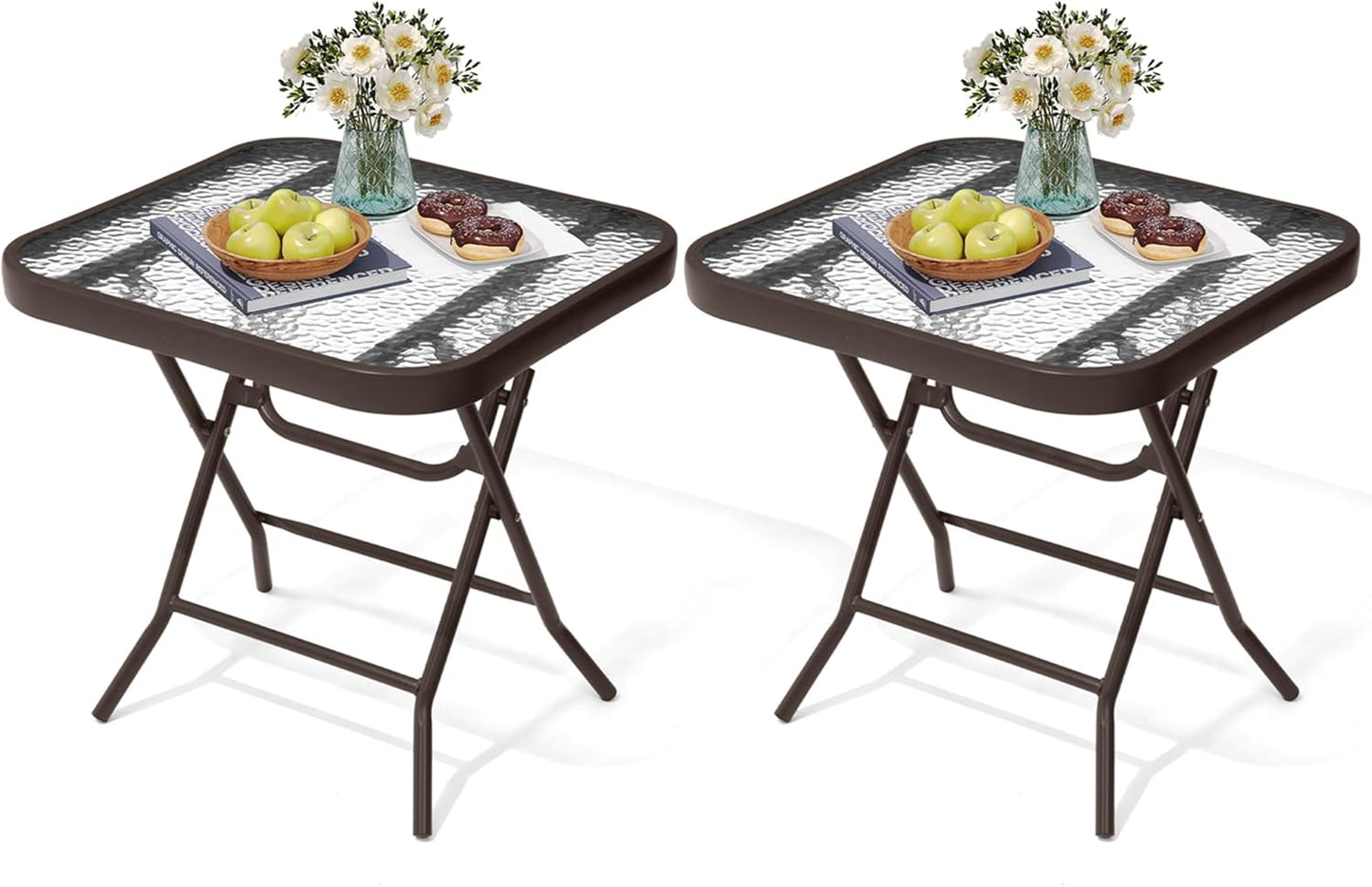 Foldable Outdoor Side Table Set of 2 with Tempered Glass Top Square 18" Folding Patio Side Tables Set of 2 Small Glass End Table for Patio Porch Yard Balcony Deck Lawn Dining Garden (Brown)