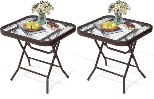 Foldable Outdoor Side Table Set of 2 with Tempered Glass Top Square 18" Folding Patio Side Tables Set of 2 Small Glass End Table for Patio Porch Yard Balcony Deck Lawn Dining Garden (Brown)