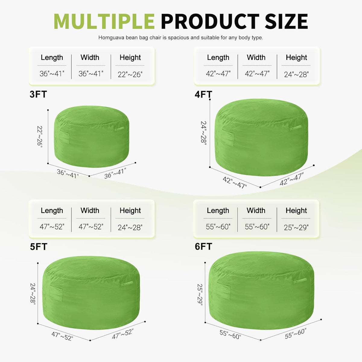 Homguava 4 FT Bean Bag Chair: 4' Bean Bags with Memory Foam Filled, Large Beanbag Chairs Soft Sofa with Dutch Velvet Cover-Lime